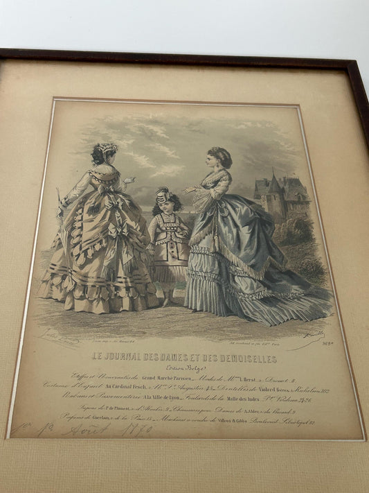 Antique 1870 Jules David Fashion Plate, Hand Colored Engraving, Mother Daughter Castle Scene, Journal des Dames Edition Belge, Framed