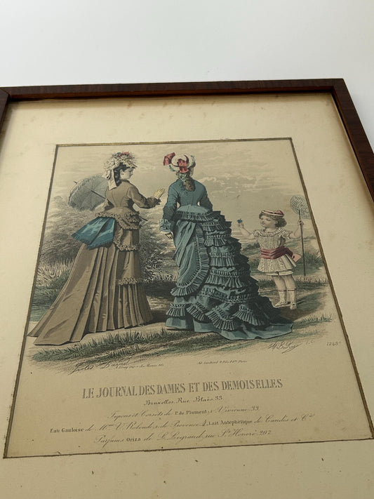 Antique 1875 Jules David Signed French Fashion Plate Hand Colored Engraving Le Journal des Dames Bustle Era Framed Wall Art