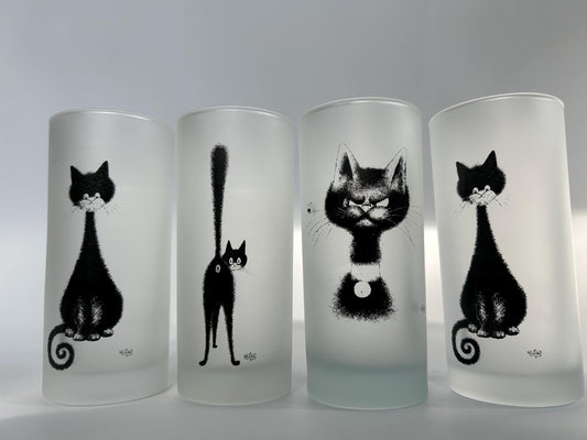 Albert Dubout Cat Highball Glasses, Frosted Tumbler, Editions Clouet France, French Cartoonist Black Cat Barware, Cat Lover Gift
