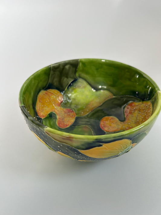 Anna H Handmade Studio Pottery Bowl - Original Underwater Koi Fish & Lily Pad Design - Raised Glaze Ceramic Art - Small Artisan Serving Bowl