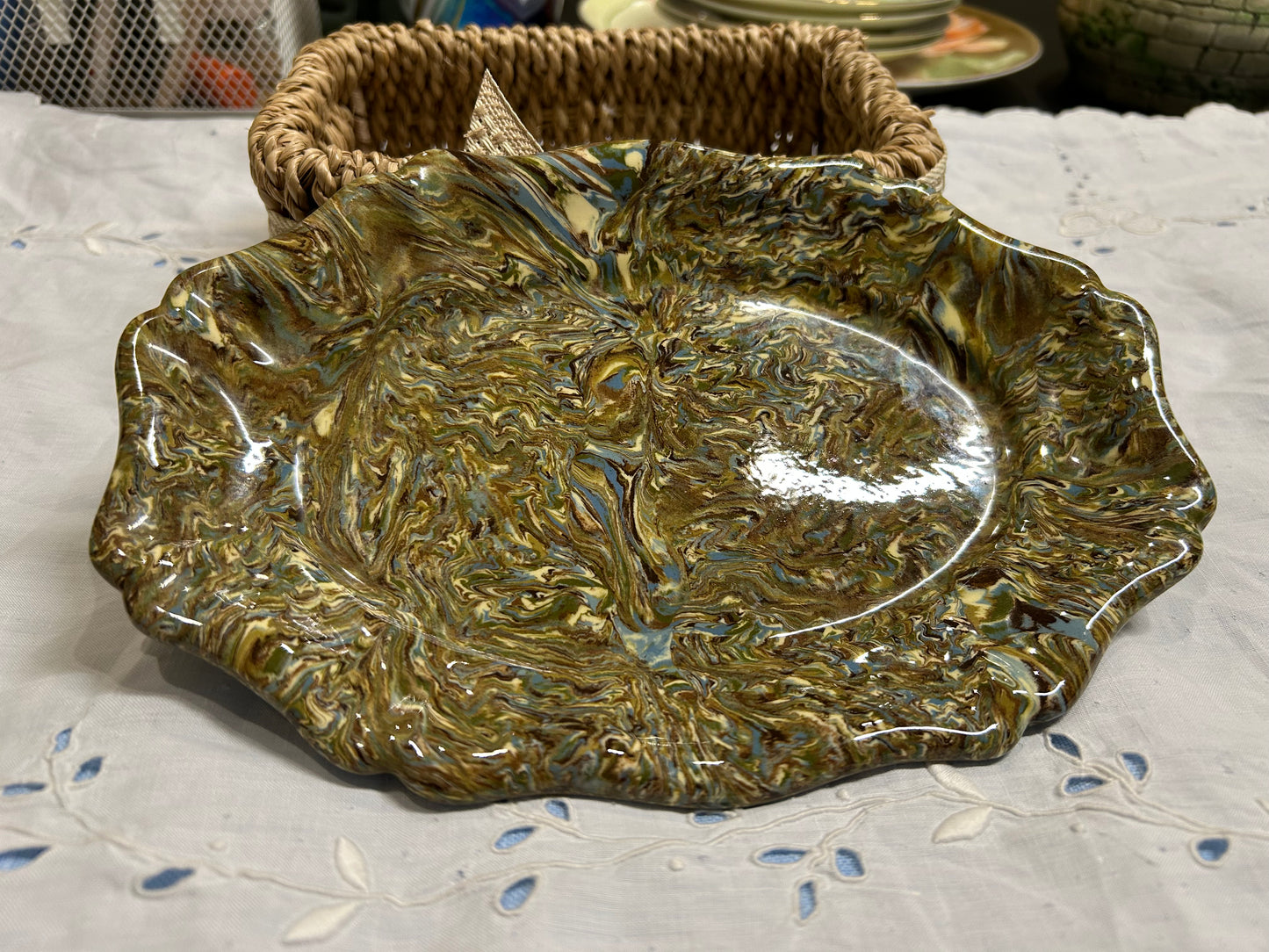 Vintage Atelier Rigo Apt France Marbled Ceramic Tray | Hand-Painted Agateware