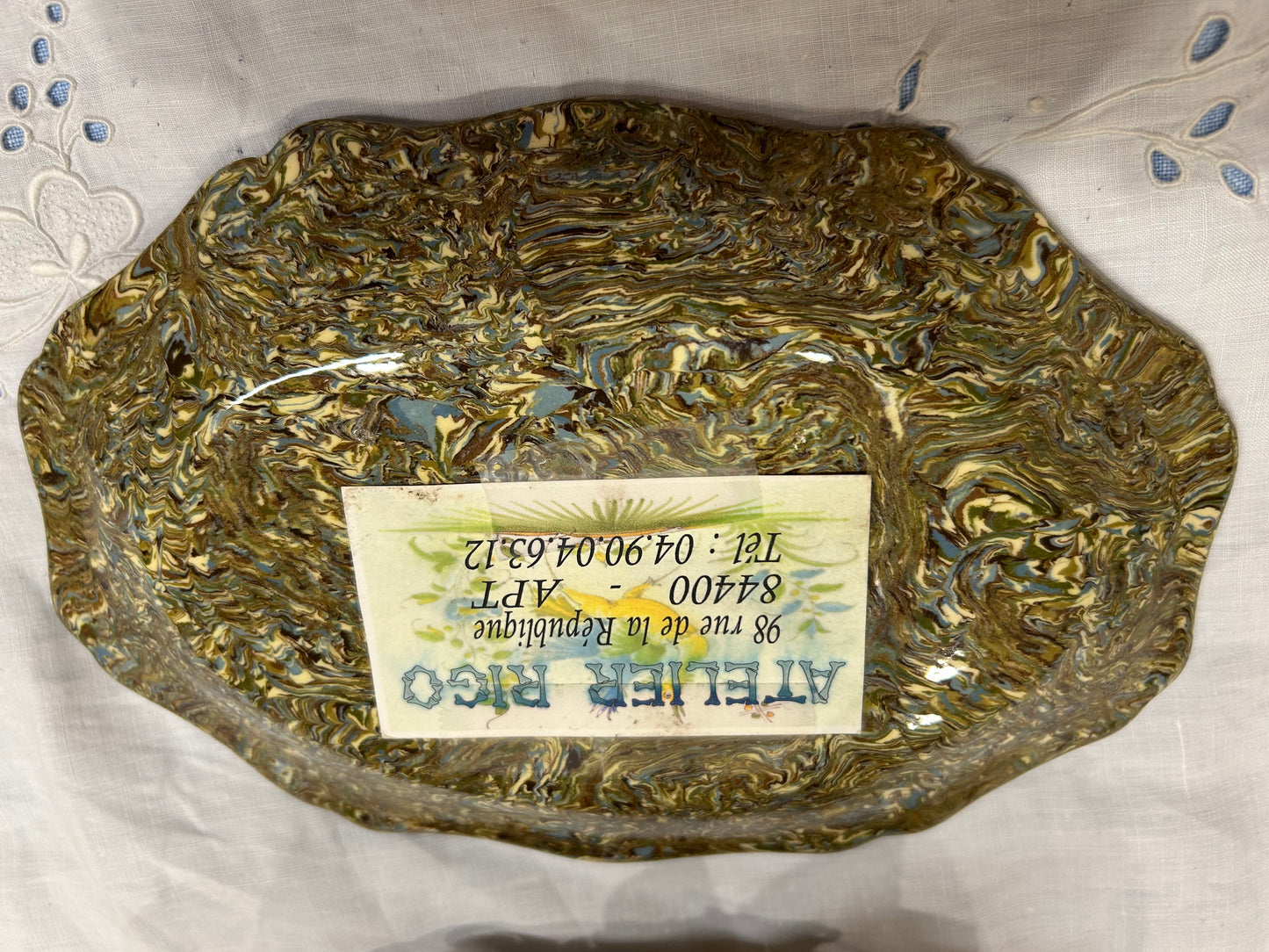 Vintage Atelier Rigo Apt France Marbled Ceramic Tray | Hand-Painted Agateware