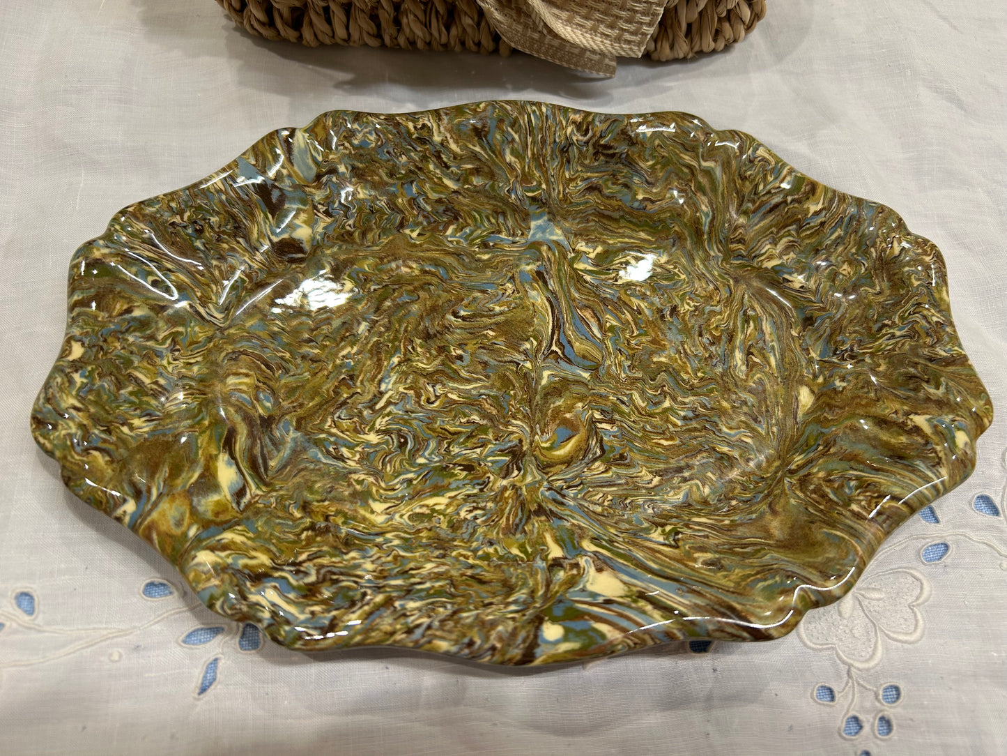 Vintage Atelier Rigo Apt France Marbled Ceramic Tray | Hand-Painted Agateware