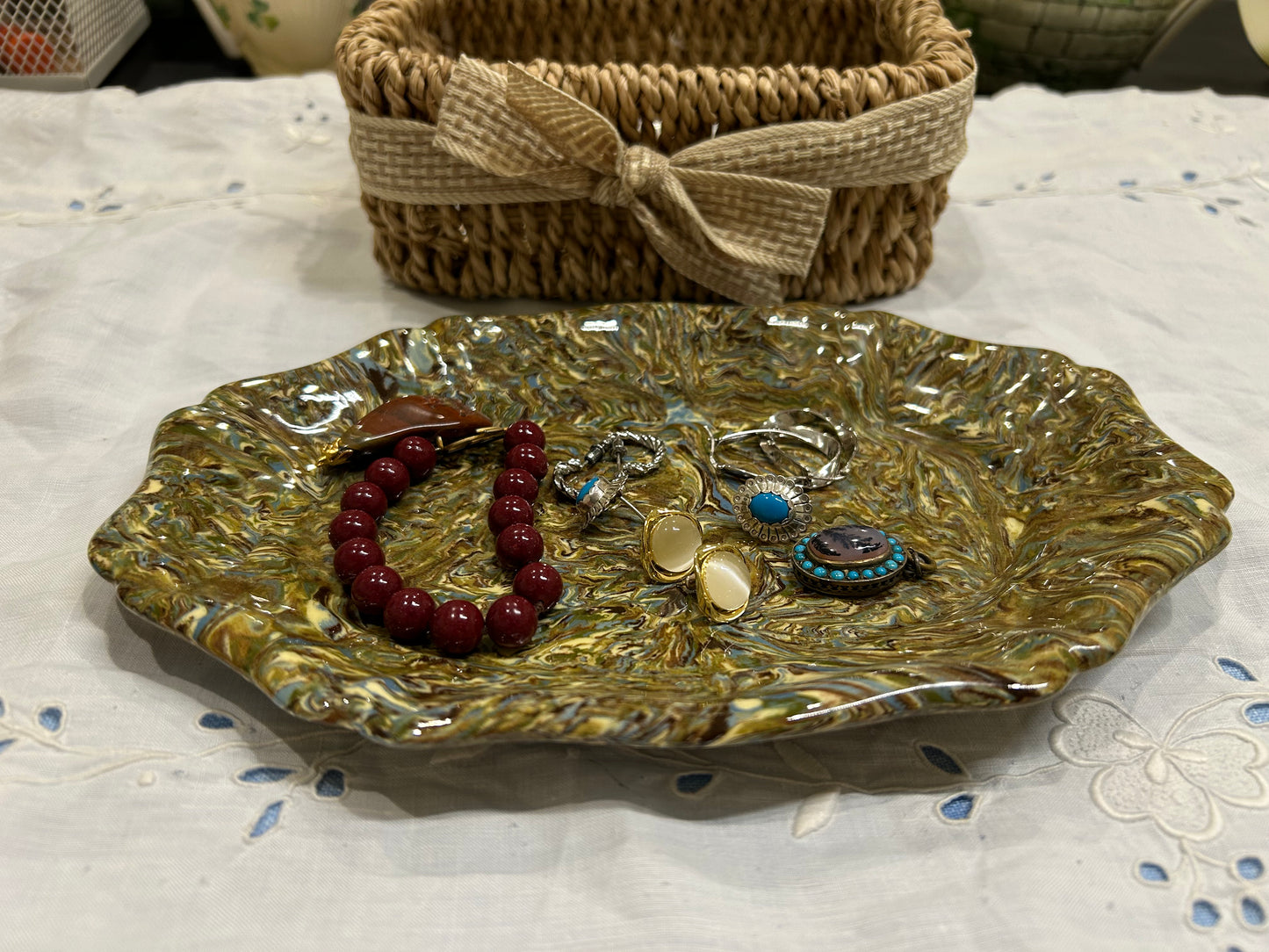 Vintage Atelier Rigo Apt France Marbled Ceramic Tray | Hand-Painted Agateware