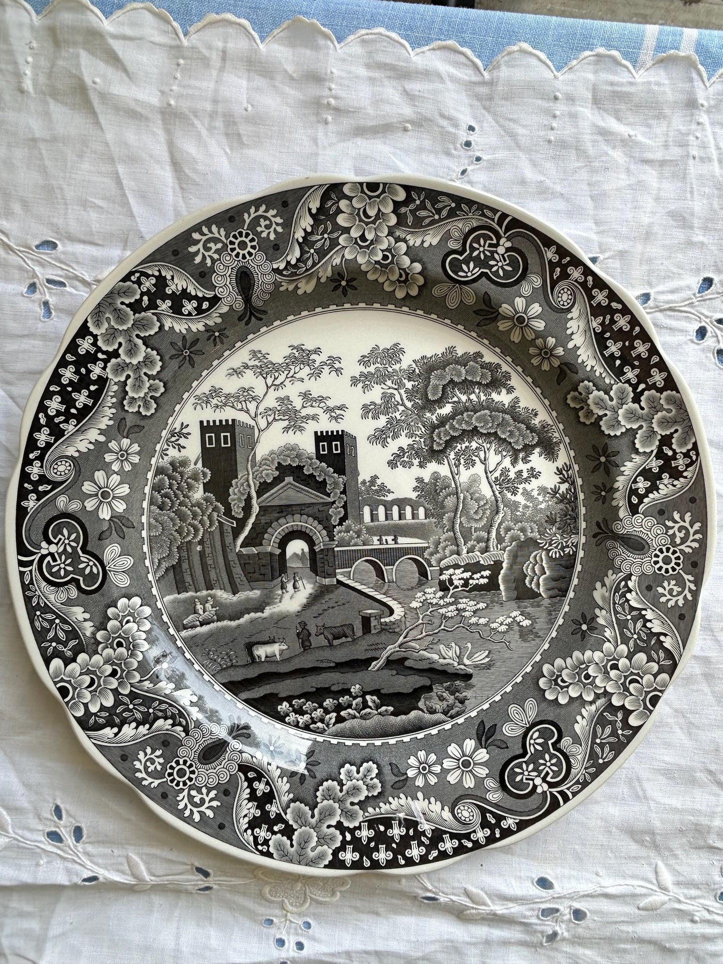 Set of 2 Vintage Spode Transferware Plates, Lucano and Castle, Black White English China, Archive Collection, Made in England