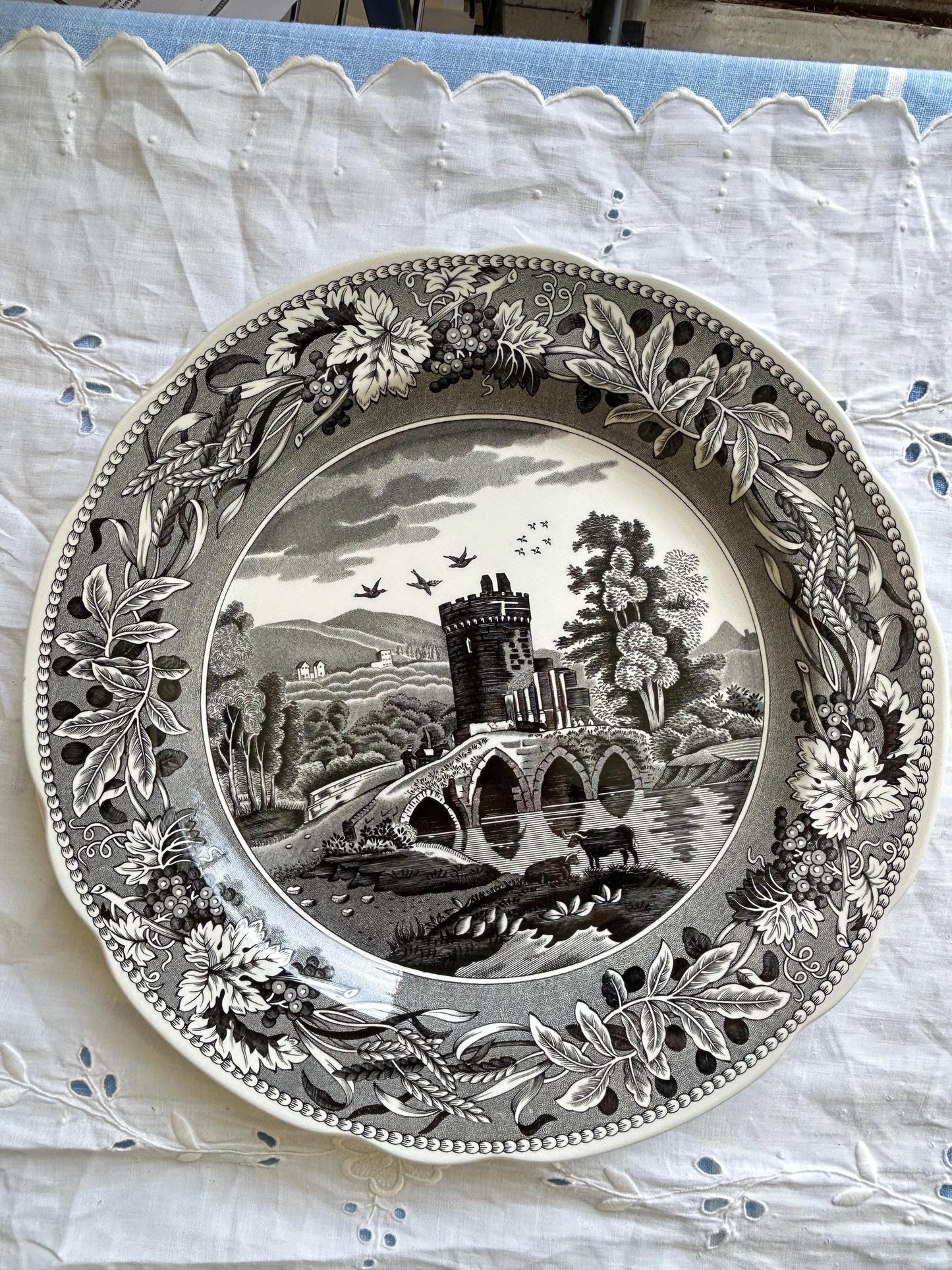 Set of 2 Vintage Spode Transferware Plates, Lucano and Castle, Black White English China, Archive Collection, Made in England