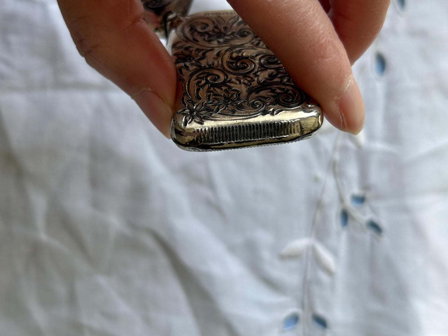 Antique Sterling Silver Match Safe | Victorian Repousse Floral Scroll | Chatelaine Bail | Striker Base | 2.4" No Monogram