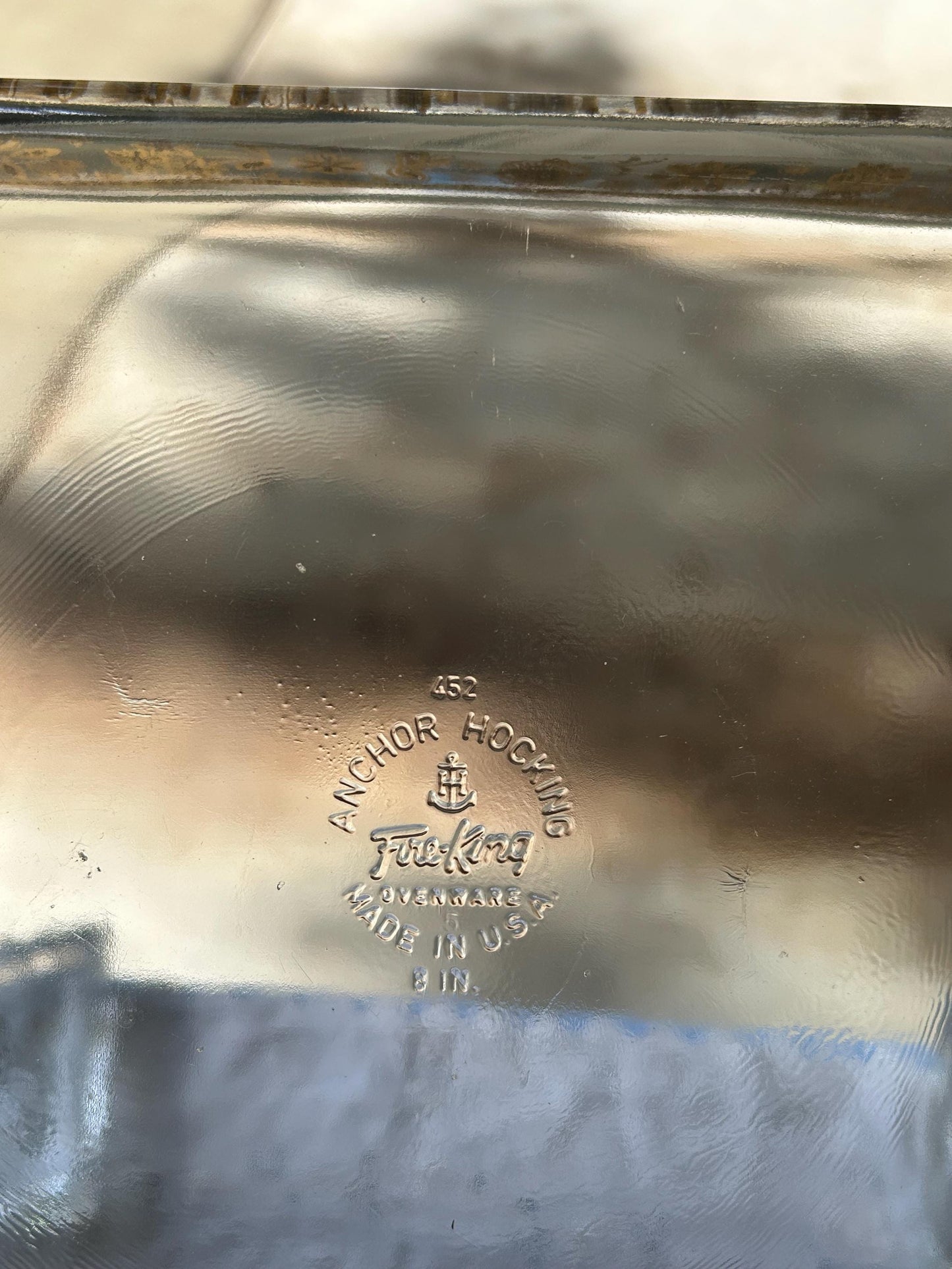 Vintage Fire-King Anchor Hocking 8" Square Baking Dish - No. 452 - Golden Floral Folk Art Pattern by Buffet Ltd - 1970s Milk Glass Ovenware