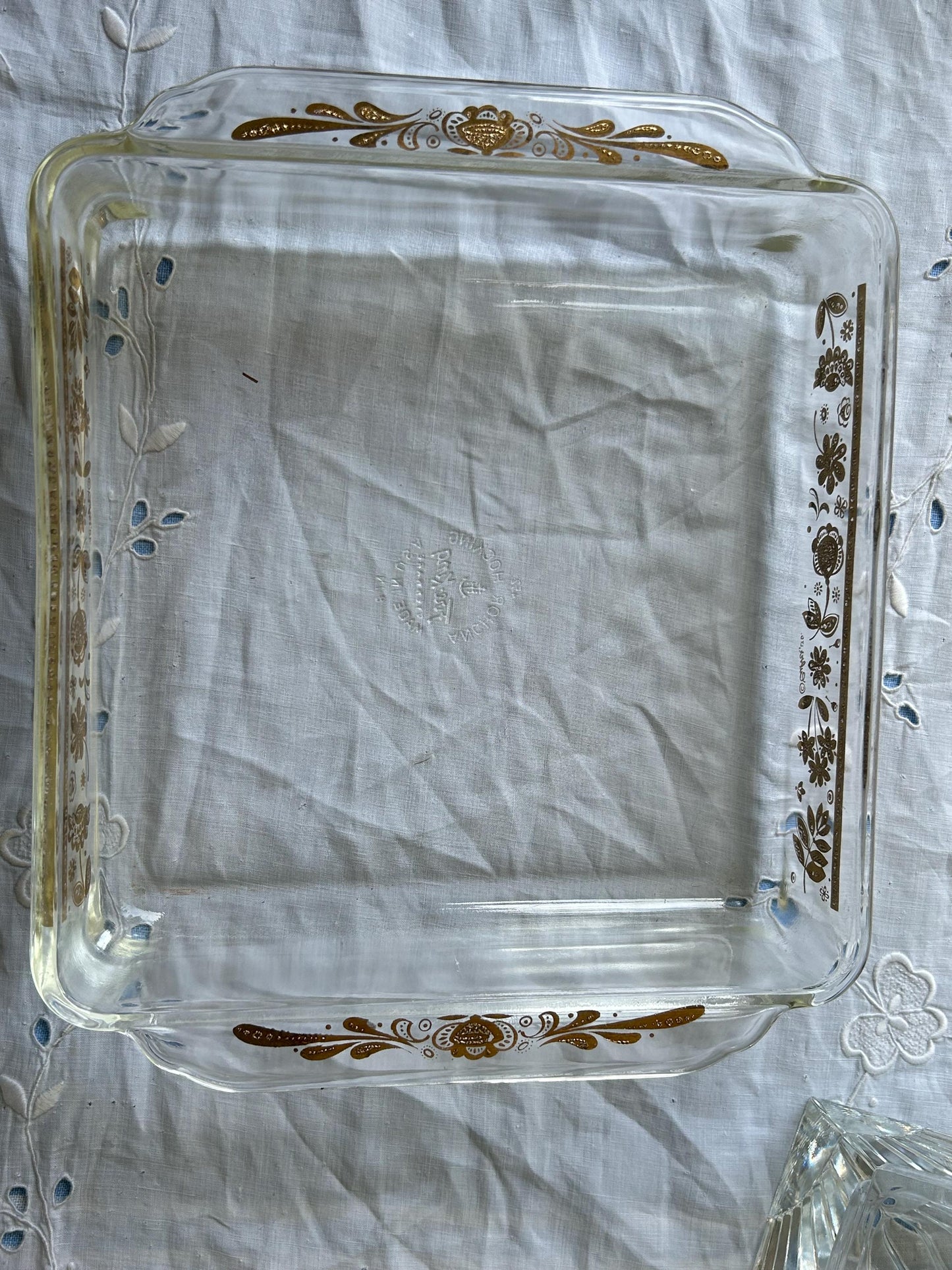 Vintage Fire-King Anchor Hocking 8" Square Baking Dish - No. 452 - Golden Floral Folk Art Pattern by Buffet Ltd - 1970s Milk Glass Ovenware