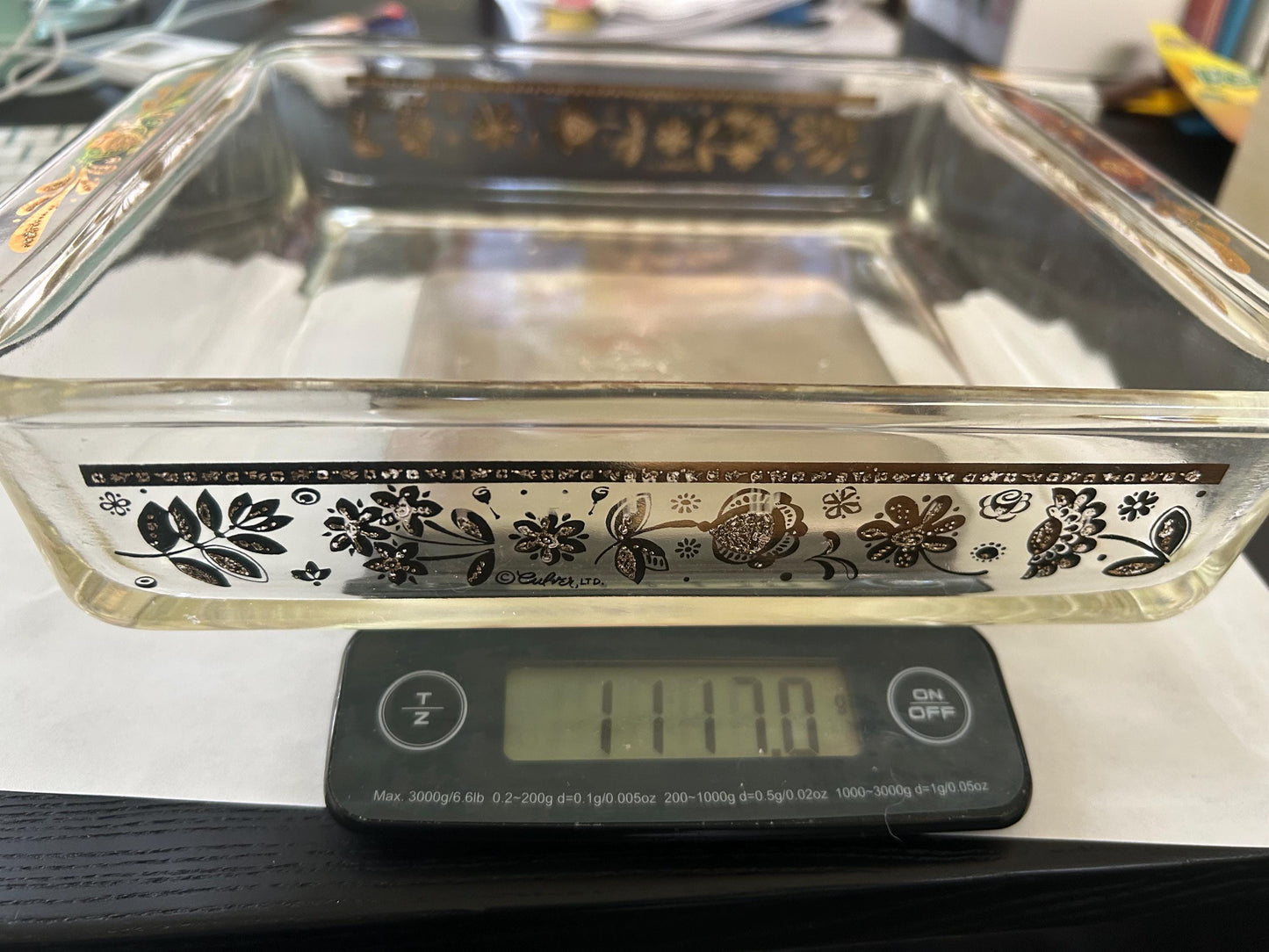 Vintage Fire-King Anchor Hocking 8" Square Baking Dish - No. 452 - Golden Floral Folk Art Pattern by Buffet Ltd - 1970s Milk Glass Ovenware