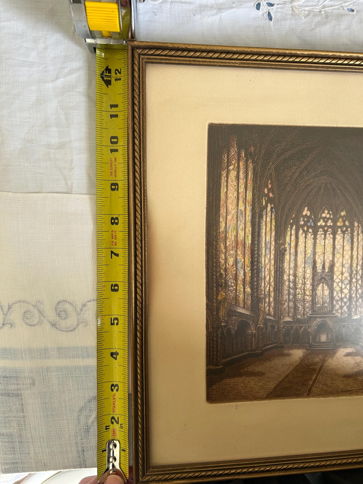 Marcel Julien Baron Signed Etching | French Gothic Cathedral Interior | Hand Colored Aquatint | Stained Glass | Framed