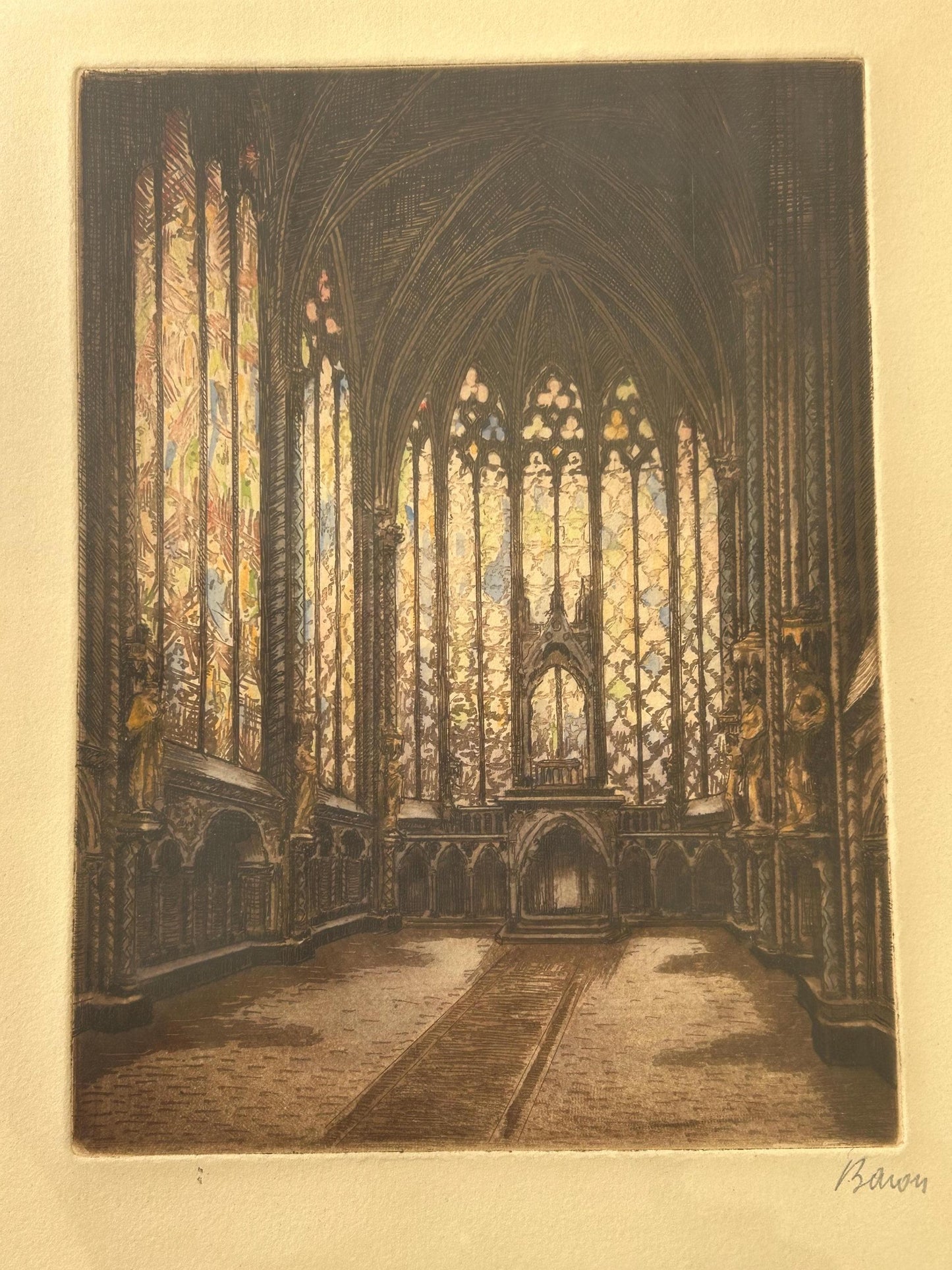 Marcel Julien Baron Signed Etching | French Gothic Cathedral Interior | Hand Colored Aquatint | Stained Glass | Framed