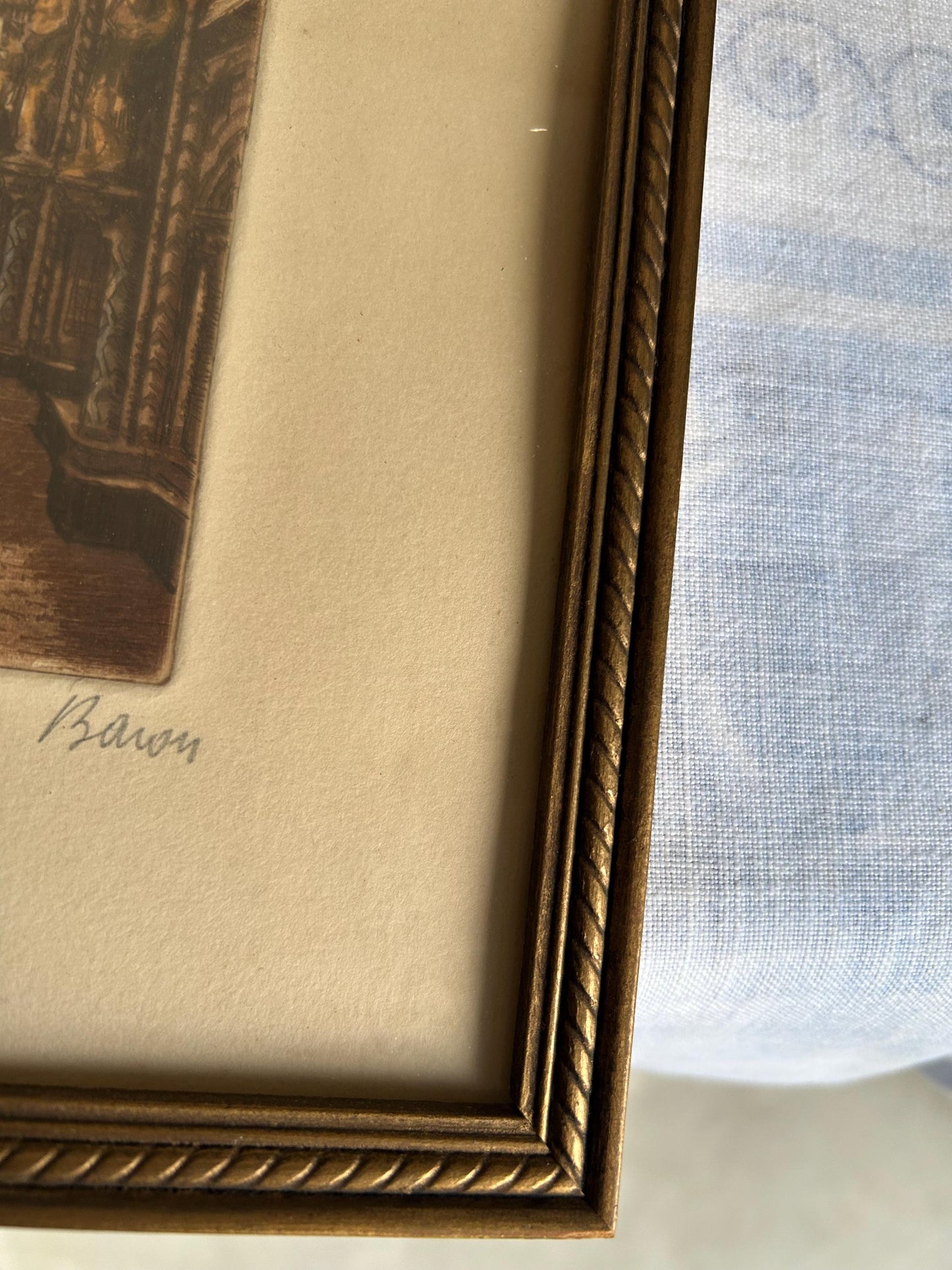 Marcel Julien Baron Signed Etching | French Gothic Cathedral Interior | Hand Colored Aquatint | Stained Glass | Framed