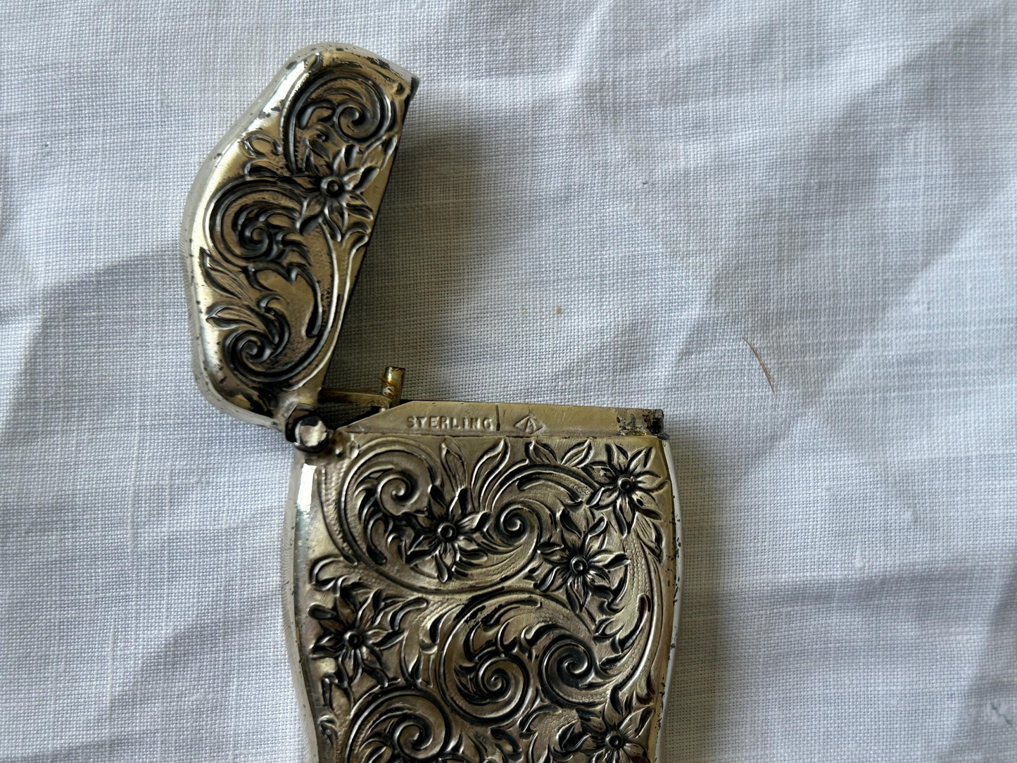Antique Sterling Silver Match Safe | Victorian Repousse Floral Scroll | Chatelaine Bail | Striker Base | 2.4" No Monogram