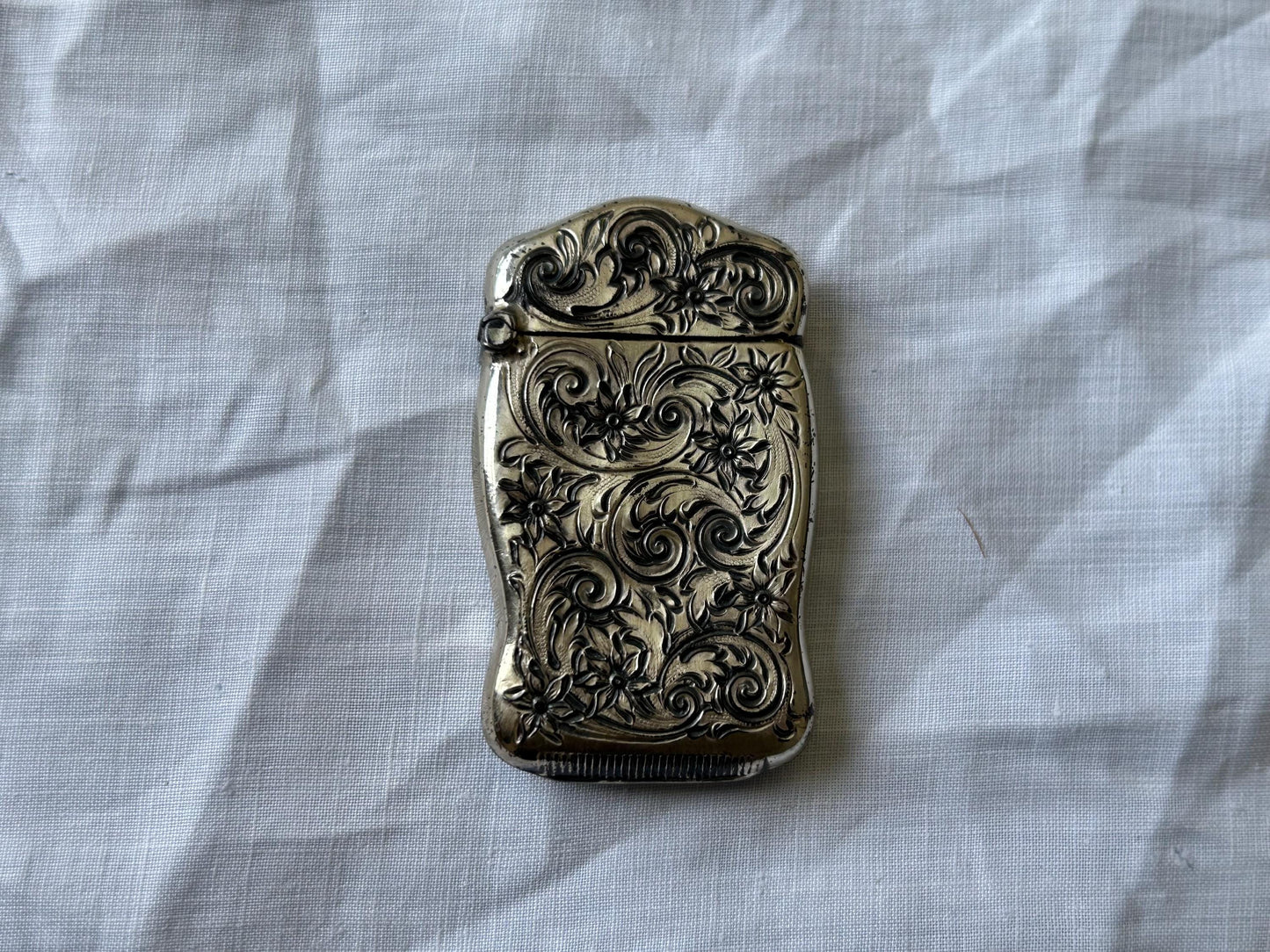 Antique Sterling Silver Match Safe | Victorian Repousse Floral Scroll | Chatelaine Bail | Striker Base | 2.4" No Monogram