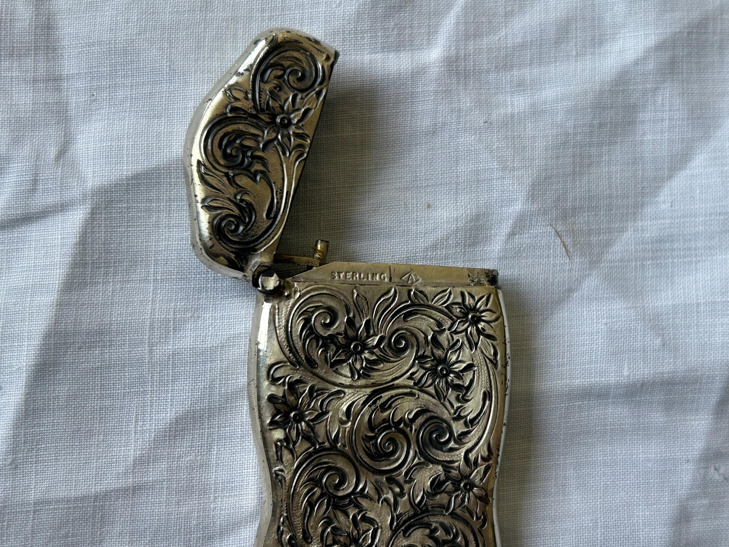 Antique Sterling Silver Match Safe | Victorian Repousse Floral Scroll | Chatelaine Bail | Striker Base | 2.4" No Monogram