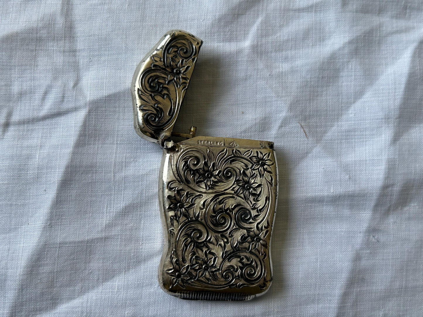 Antique Sterling Silver Match Safe | Victorian Repousse Floral Scroll | Chatelaine Bail | Striker Base | 2.4" No Monogram