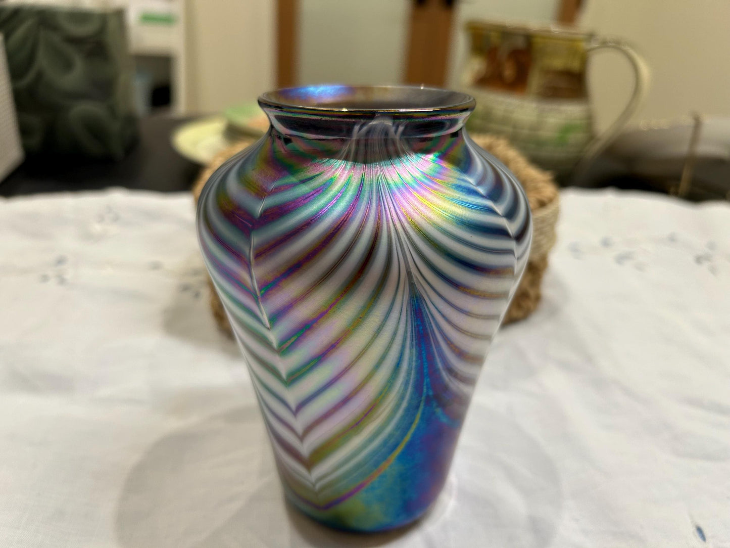 Signed Mt St Helens Ash Art Glass Vase - Iridescent Pulled Feather - Emerald City Seattle - 1980s Volcanic Ash Studio Glass - Memorial Vase