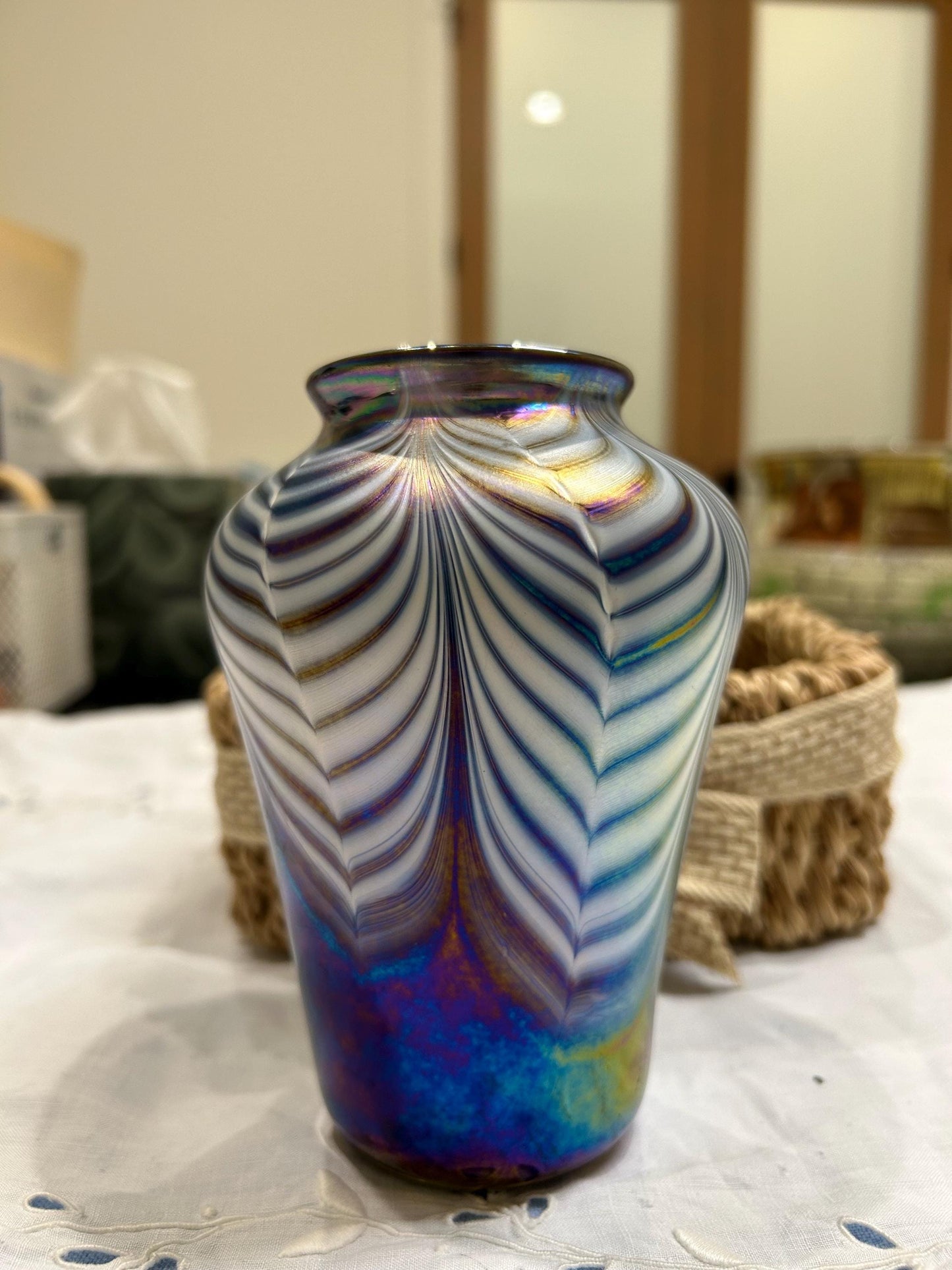 Signed Mt St Helens Ash Art Glass Vase - Iridescent Pulled Feather - Emerald City Seattle - 1980s Volcanic Ash Studio Glass - Memorial Vase