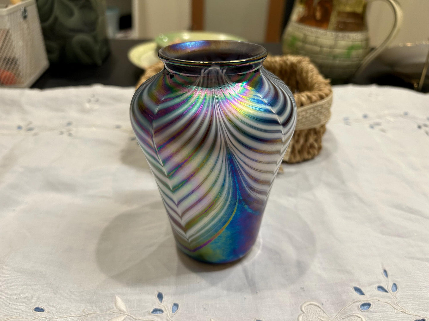 Signed Mt St Helens Ash Art Glass Vase - Iridescent Pulled Feather - Emerald City Seattle - 1980s Volcanic Ash Studio Glass - Memorial Vase