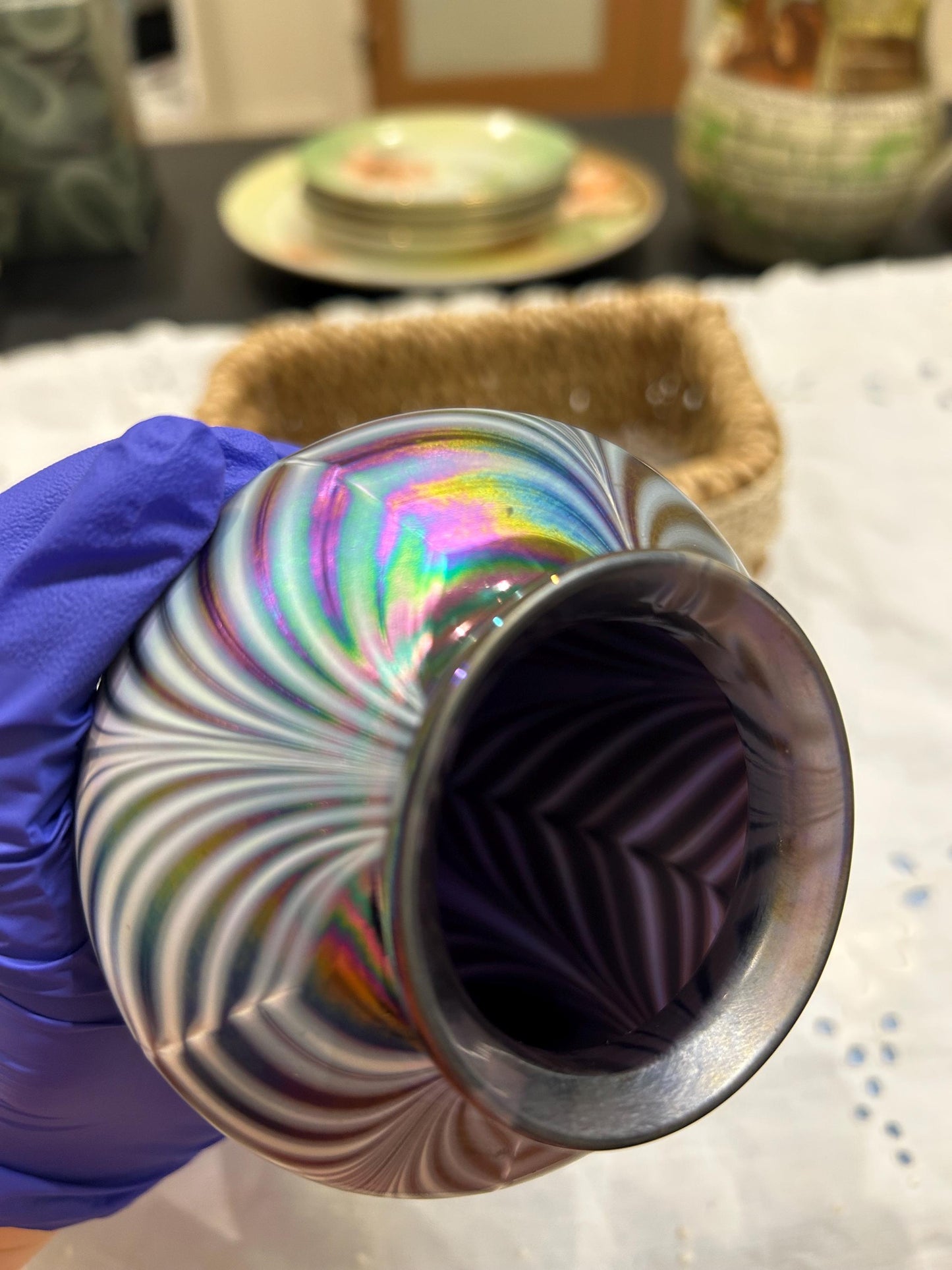 Signed Mt St Helens Ash Art Glass Vase - Iridescent Pulled Feather - Emerald City Seattle - 1980s Volcanic Ash Studio Glass - Memorial Vase