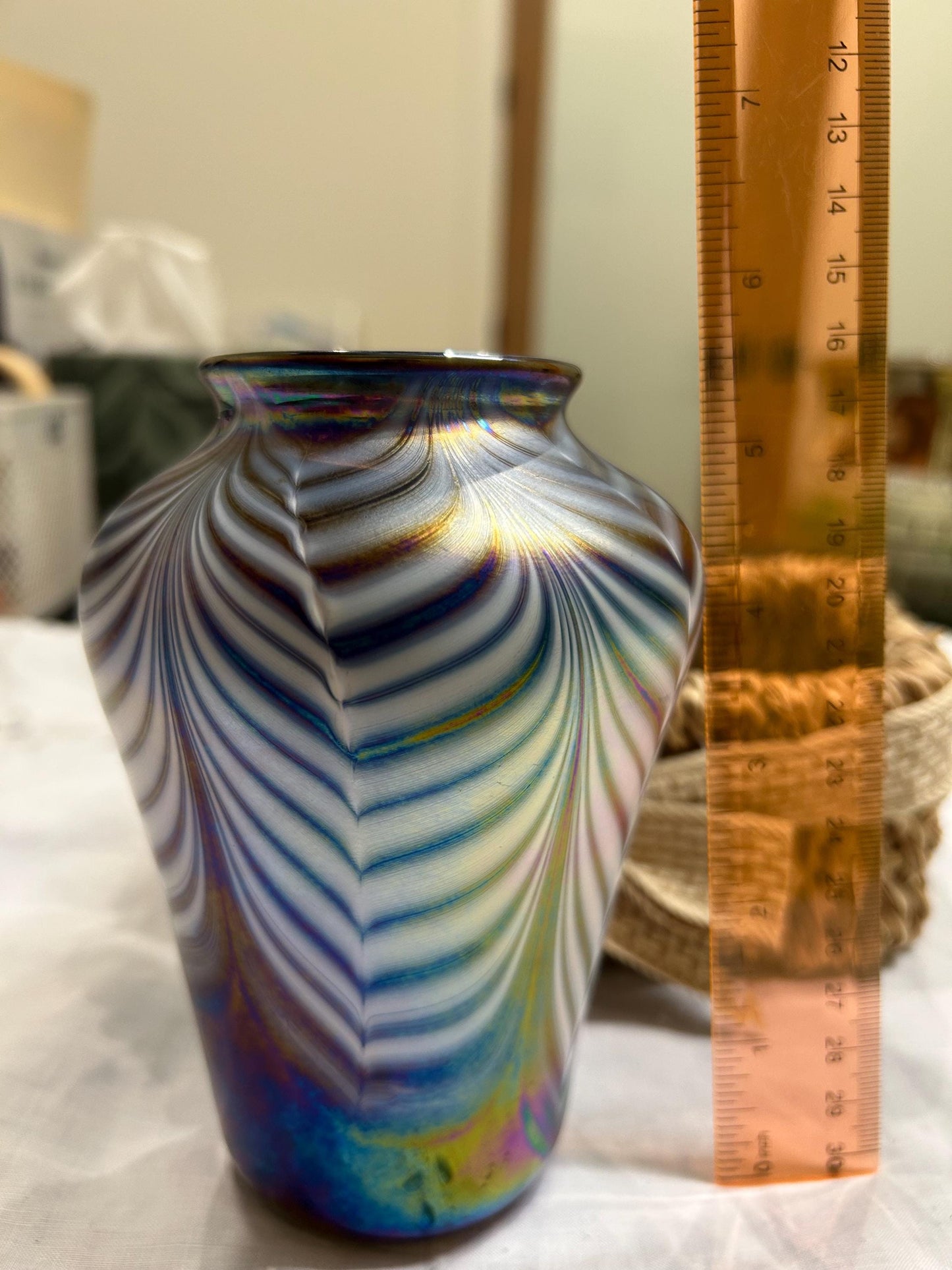 Signed Mt St Helens Ash Art Glass Vase - Iridescent Pulled Feather - Emerald City Seattle - 1980s Volcanic Ash Studio Glass - Memorial Vase