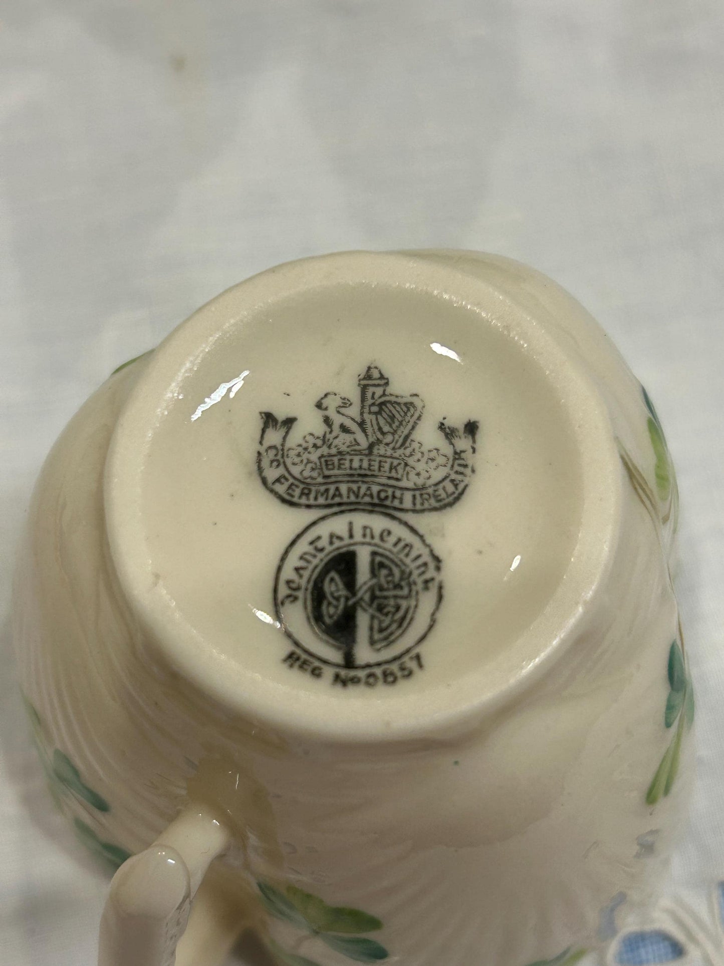 Vintage Belleek Shamrock Cup - Neptune Shell Pattern - 6th Black Mark 1965-1980 - Fine Irish Parian China Teacup - Lucky Clover Gift Ireland