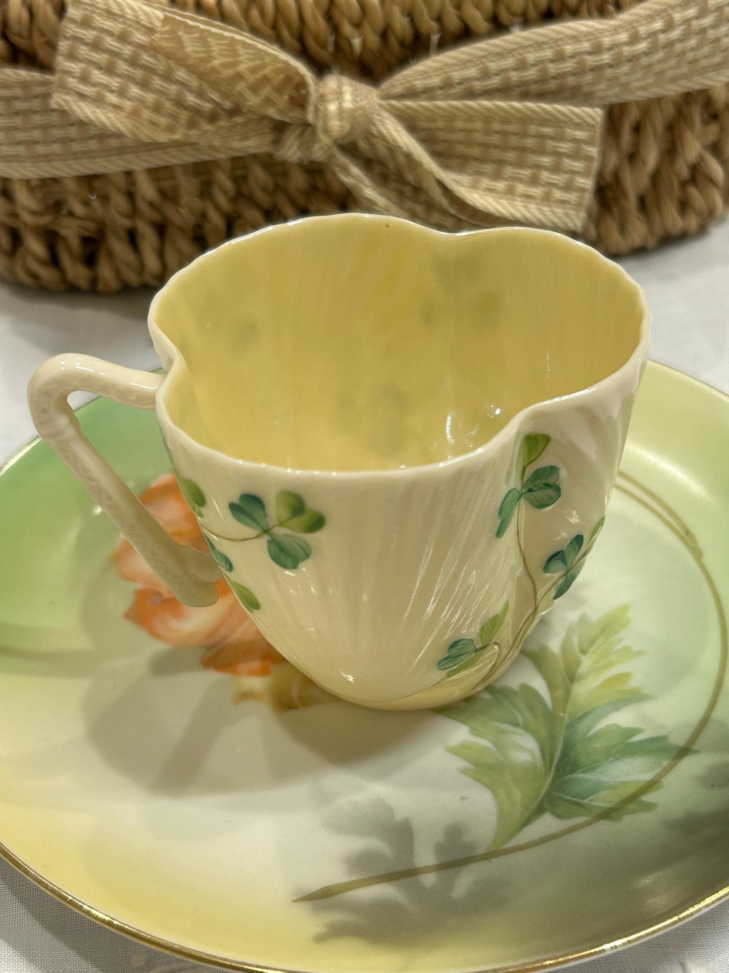 Vintage Belleek Shamrock Cup - Neptune Shell Pattern - 6th Black Mark 1965-1980 - Fine Irish Parian China Teacup - Lucky Clover Gift Ireland