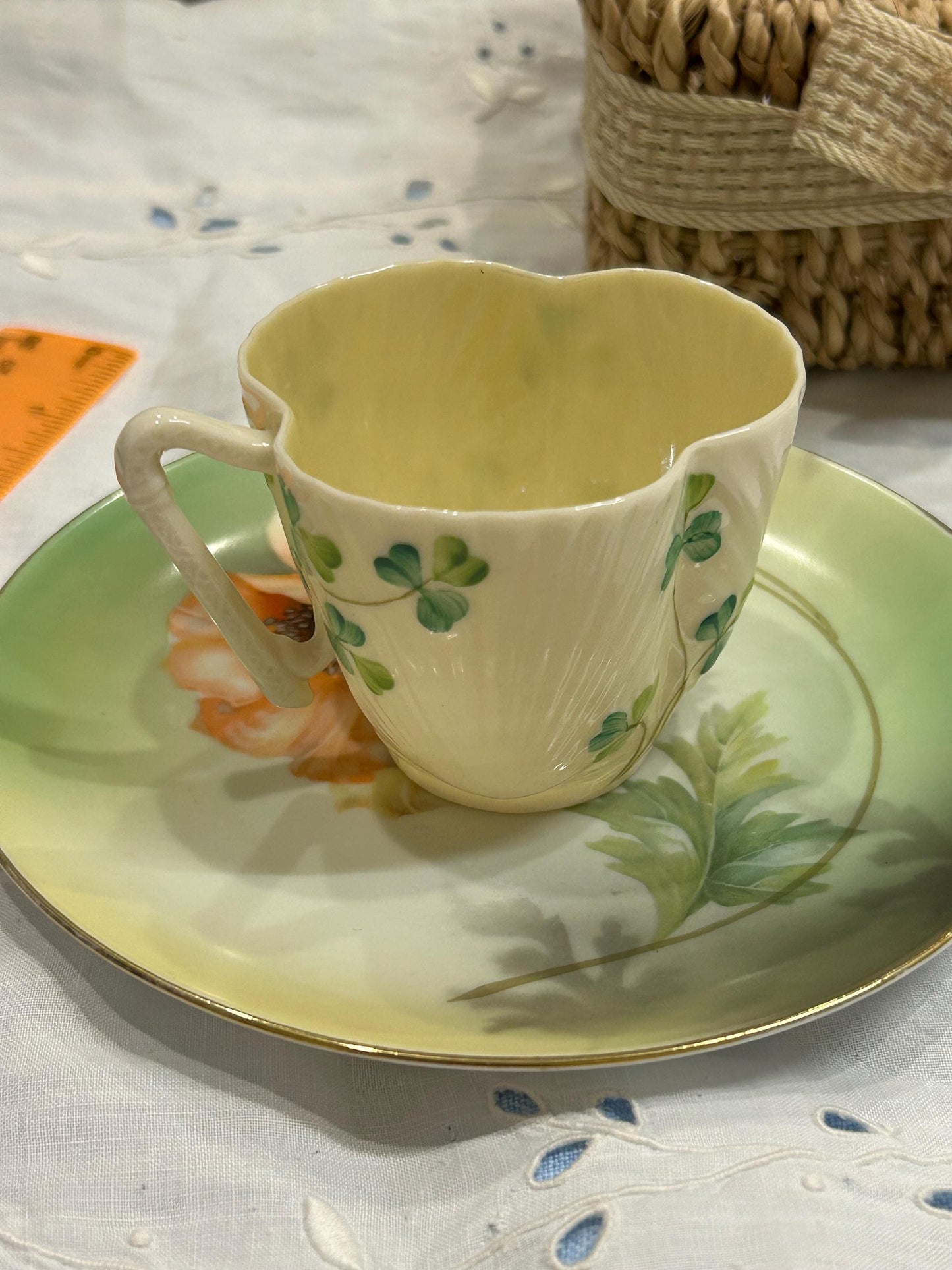 Vintage Belleek Shamrock Cup - Neptune Shell Pattern - 6th Black Mark 1965-1980 - Fine Irish Parian China Teacup - Lucky Clover Gift Ireland