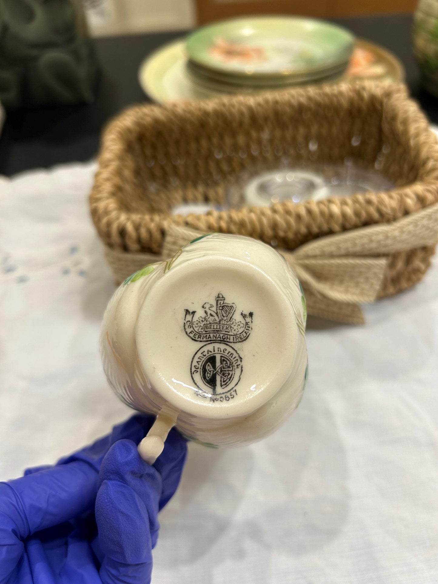 Vintage Belleek Shamrock Cup - Neptune Shell Pattern - 6th Black Mark 1965-1980 - Fine Irish Parian China Teacup - Lucky Clover Gift Ireland