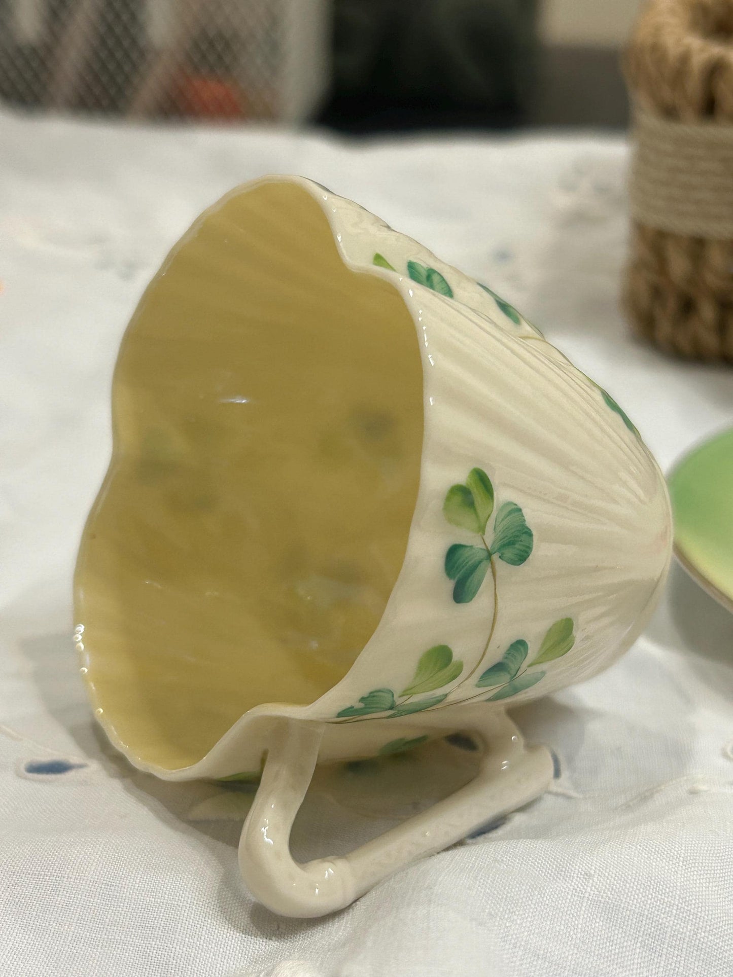 Vintage Belleek Shamrock Cup - Neptune Shell Pattern - 6th Black Mark 1965-1980 - Fine Irish Parian China Teacup - Lucky Clover Gift Ireland