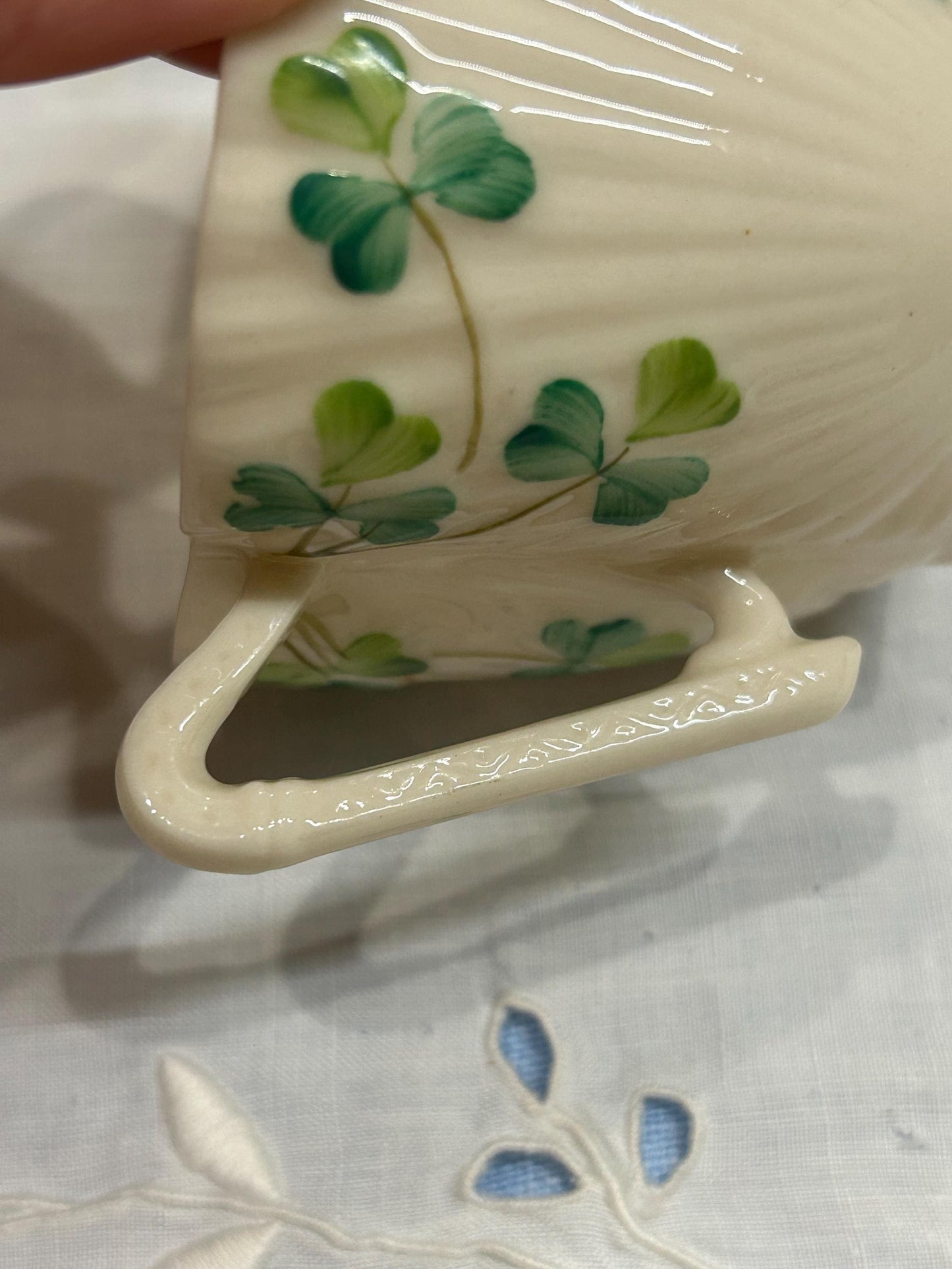 Vintage Belleek Shamrock Cup - Neptune Shell Pattern - 6th Black Mark 1965-1980 - Fine Irish Parian China Teacup - Lucky Clover Gift Ireland