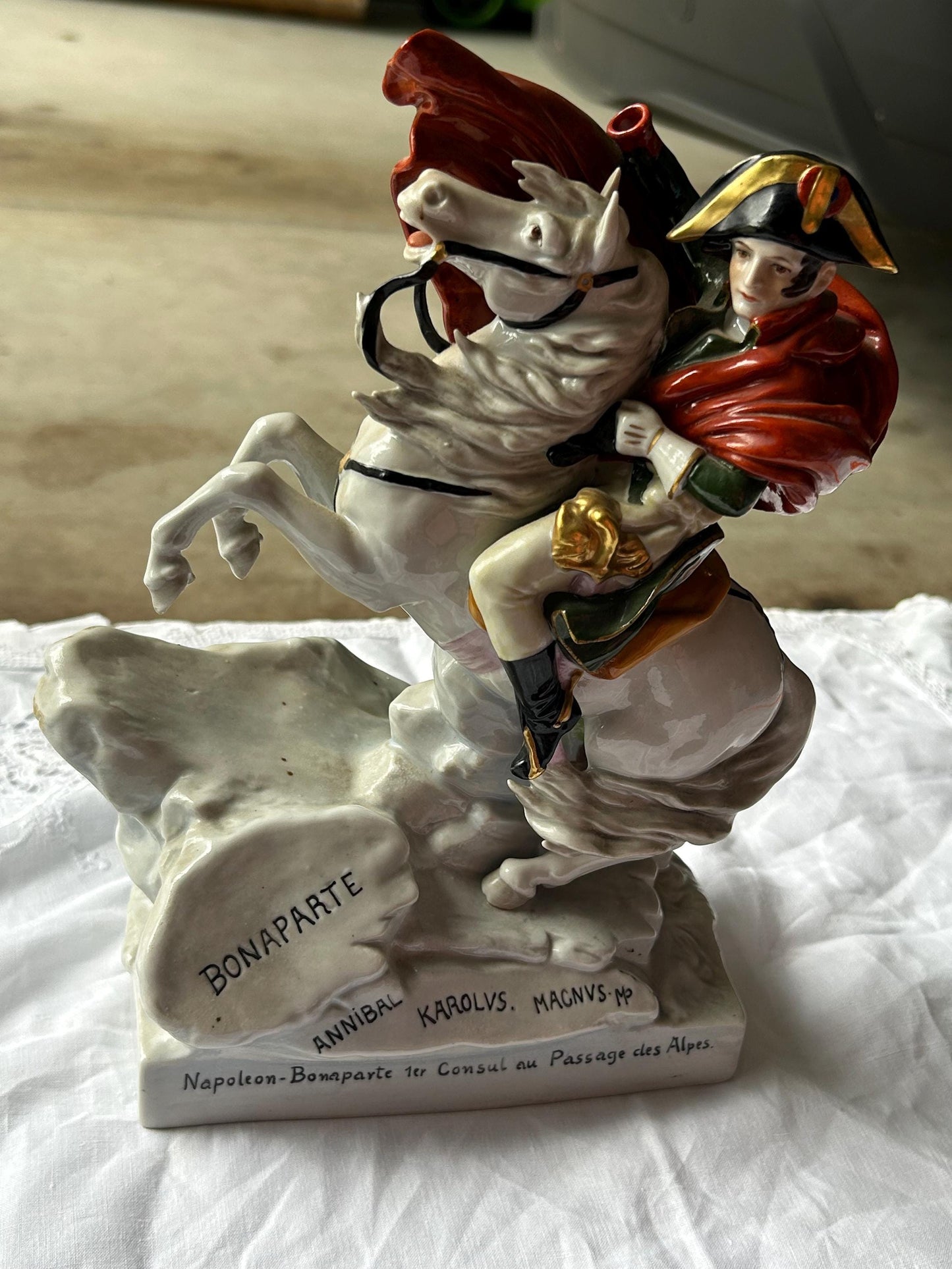 Scheibe-Alsbach Napoleon Crossing the Alps Porcelain Figurine - German Art Porcelain - Blue Crown N Mark - Hand Painted Horseback Statue