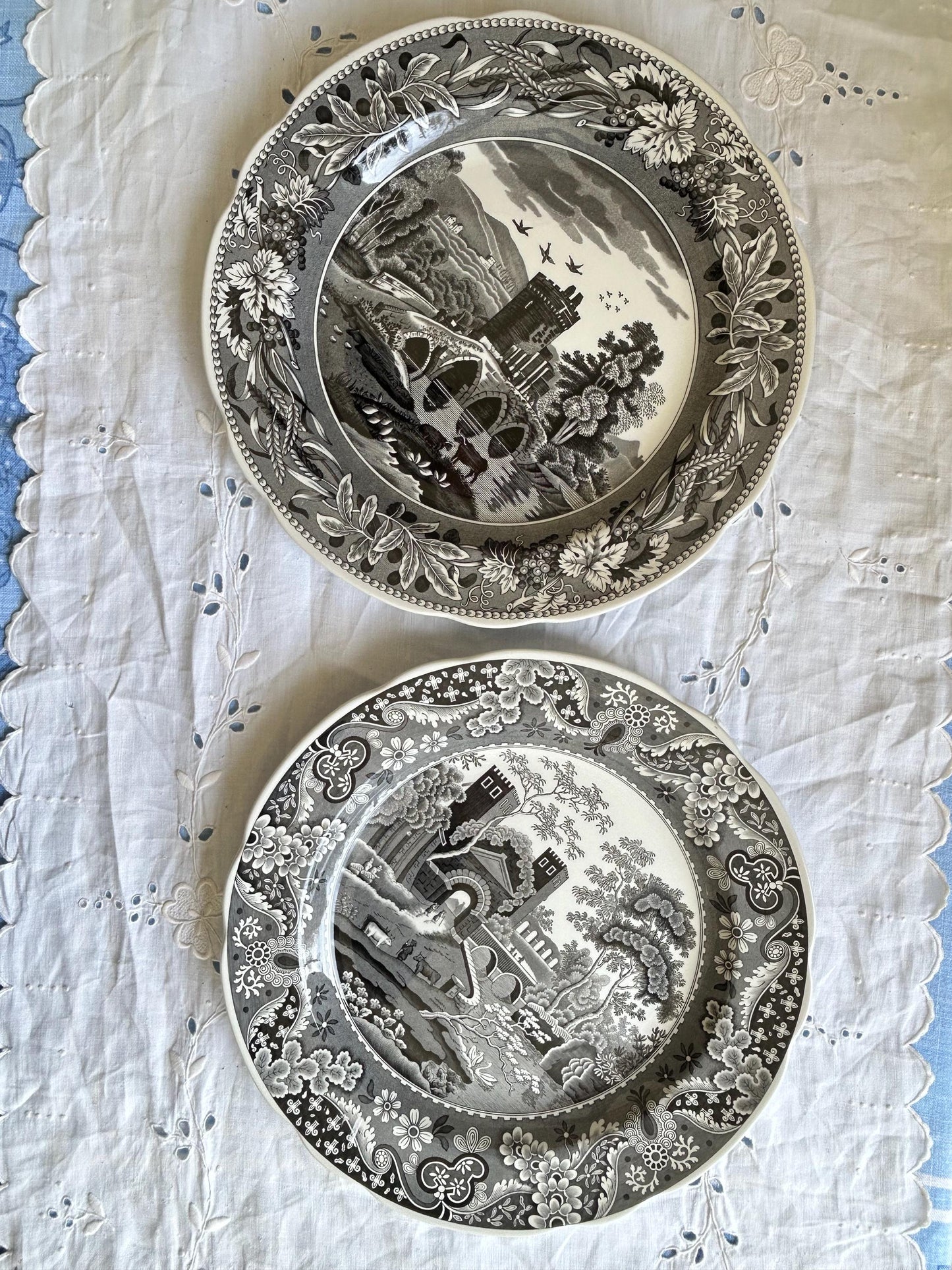 Set of 2 Vintage Spode Transferware Plates, Lucano and Castle, Black White English China, Archive Collection, Made in England