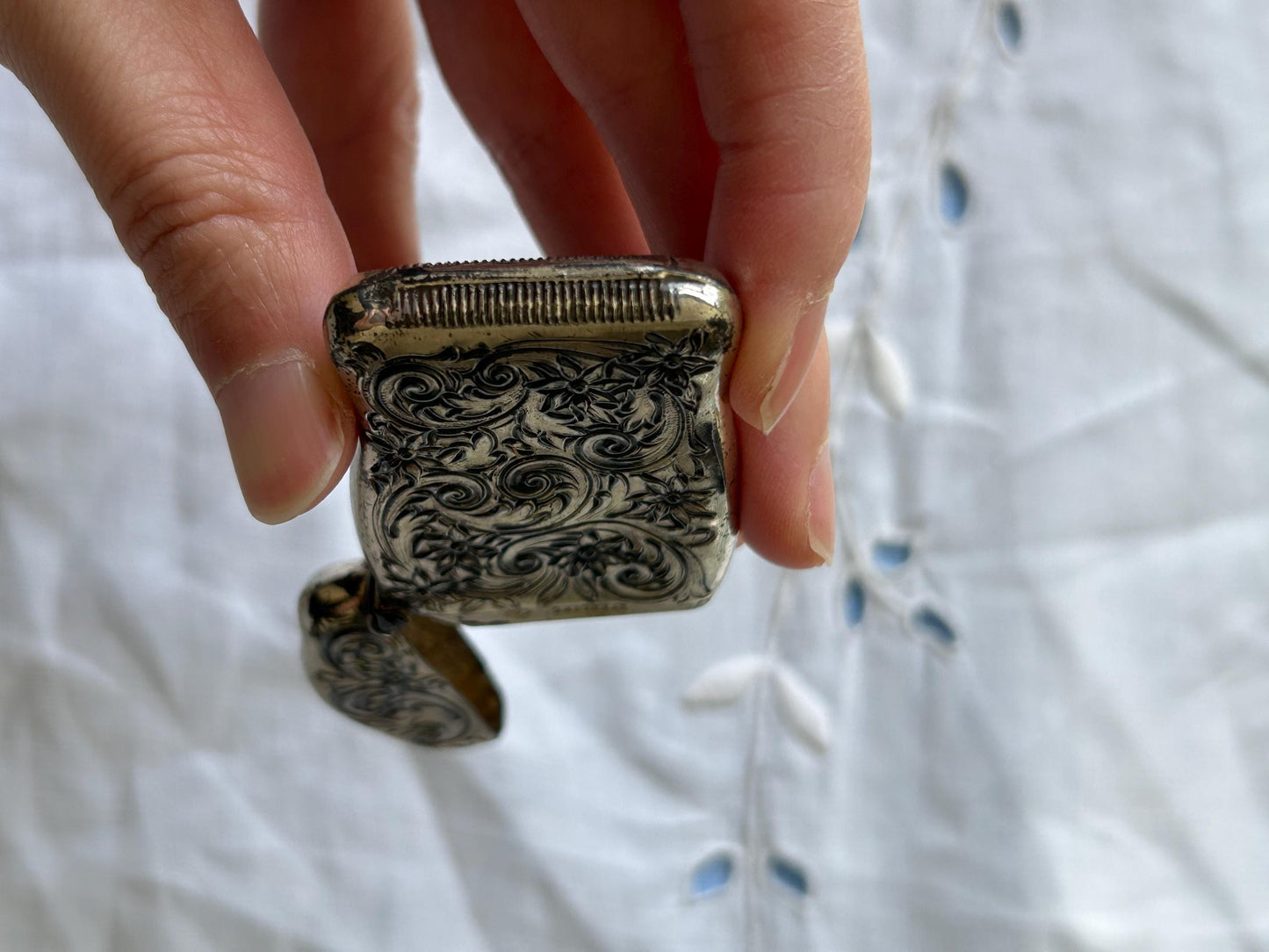 Antique Sterling Silver Match Safe | Victorian Repousse Floral Scroll | Chatelaine Bail | Striker Base | 2.4" No Monogram