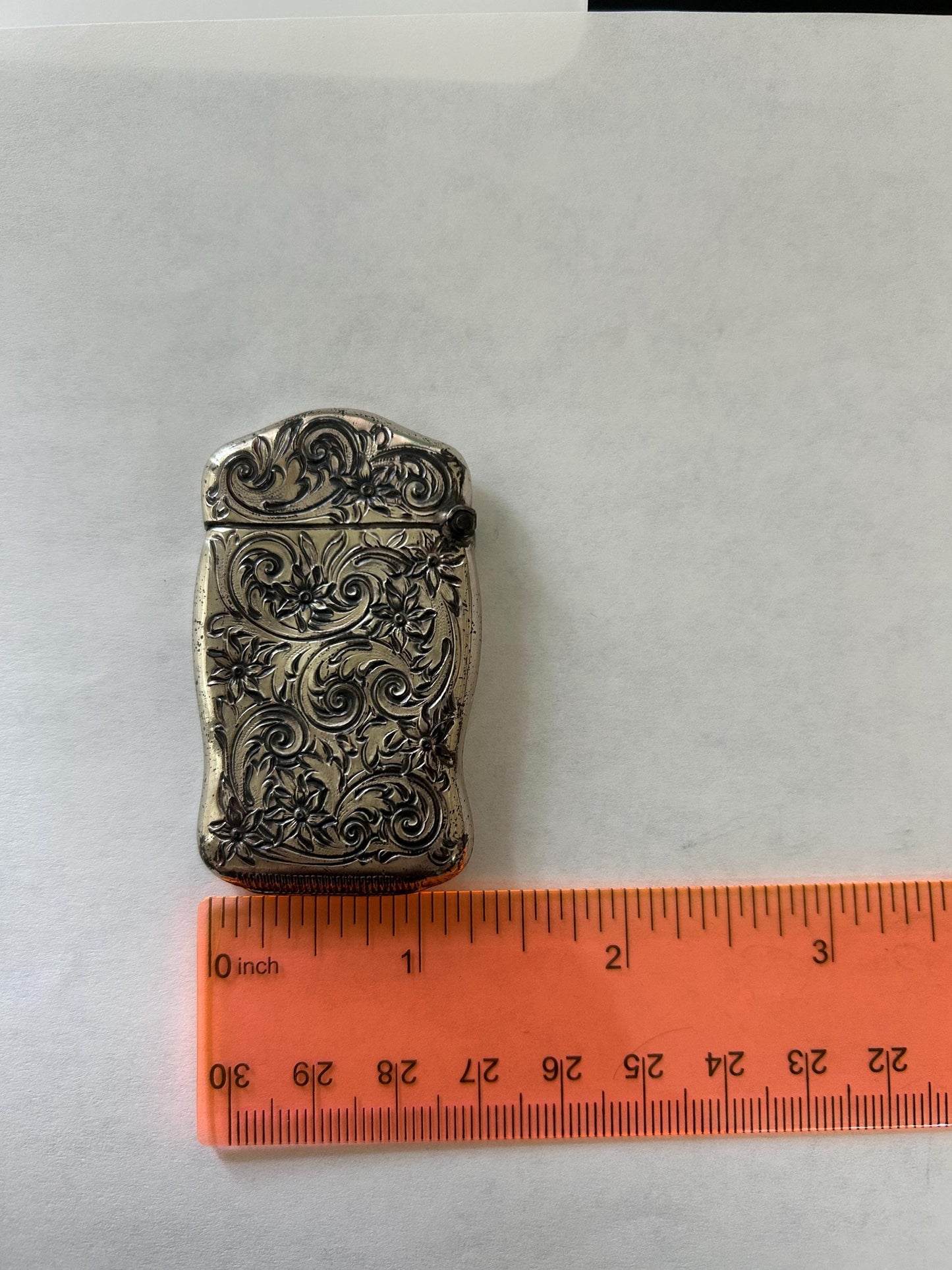 Antique Sterling Silver Match Safe | Victorian Repousse Floral Scroll | Chatelaine Bail | Striker Base | 2.4" No Monogram