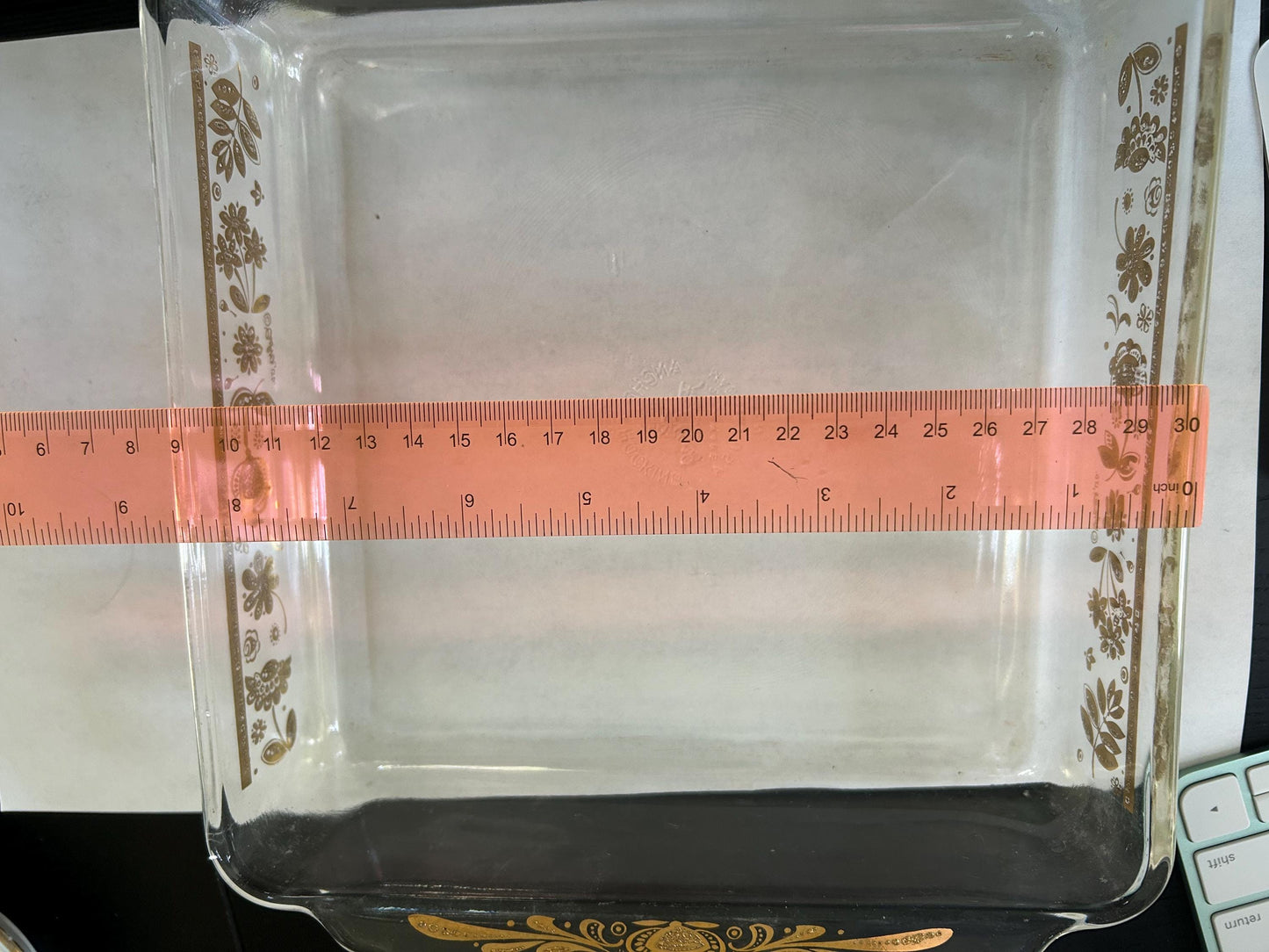 Vintage Fire-King Anchor Hocking 8" Square Baking Dish - No. 452 - Golden Floral Folk Art Pattern by Buffet Ltd - 1970s Milk Glass Ovenware