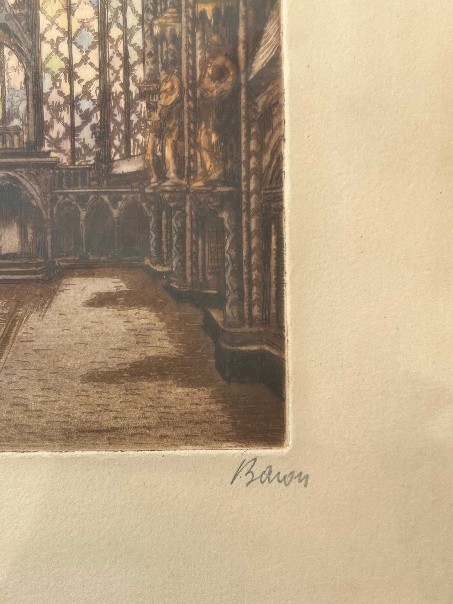 Marcel Julien Baron Signed Etching | French Gothic Cathedral Interior | Hand Colored Aquatint | Stained Glass | Framed