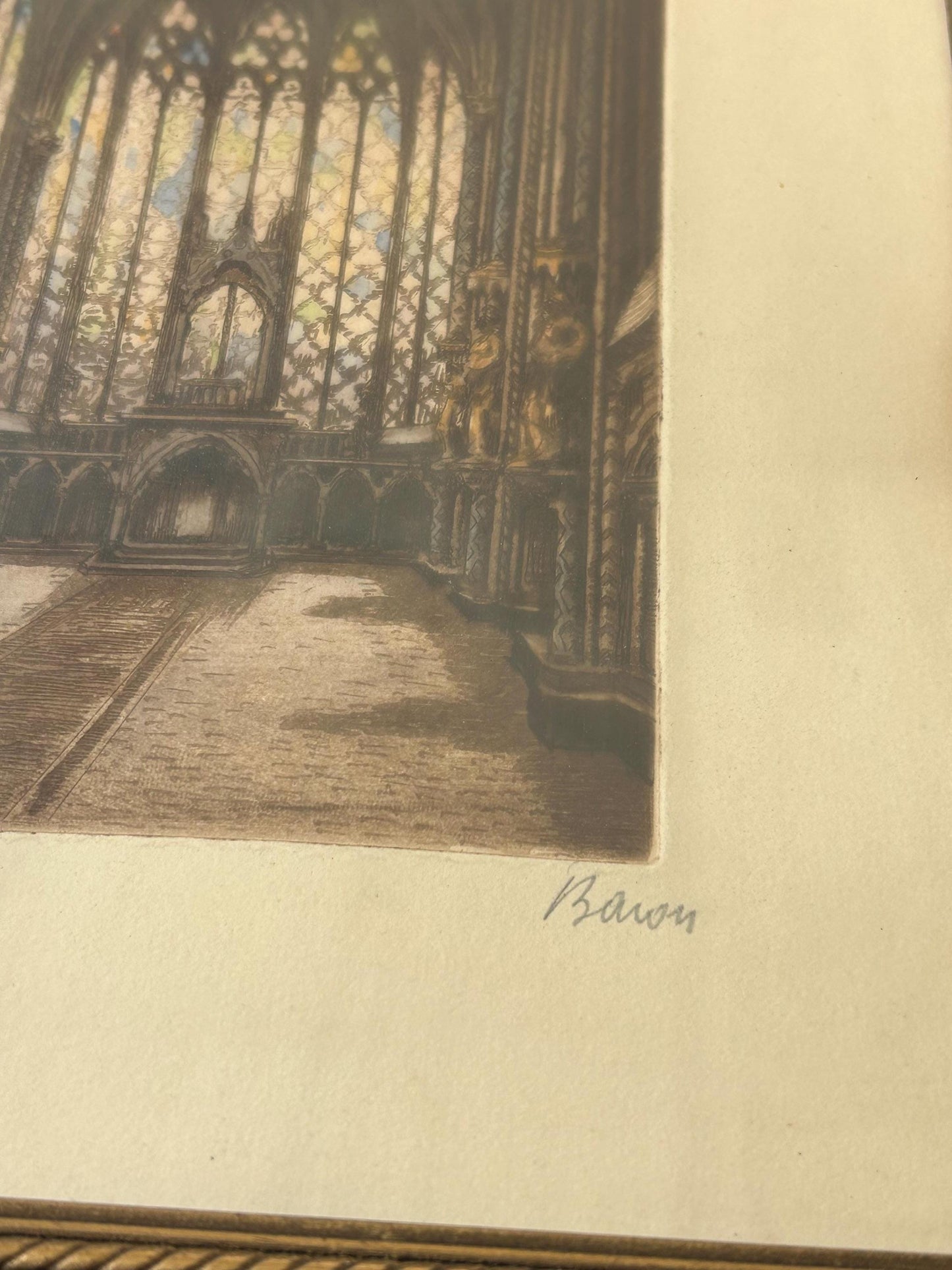 Marcel Julien Baron Signed Etching | French Gothic Cathedral Interior | Hand Colored Aquatint | Stained Glass | Framed