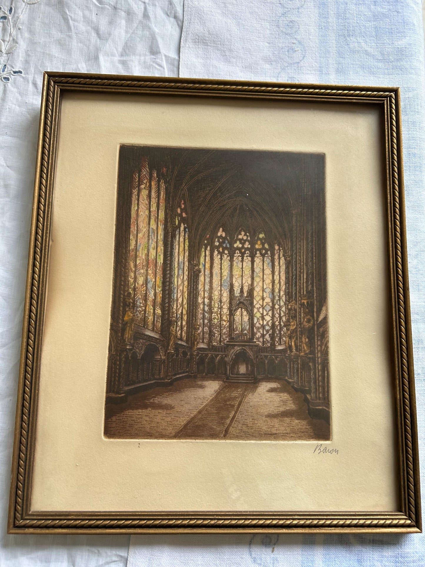 Marcel Julien Baron Signed Etching | French Gothic Cathedral Interior | Hand Colored Aquatint | Stained Glass | Framed