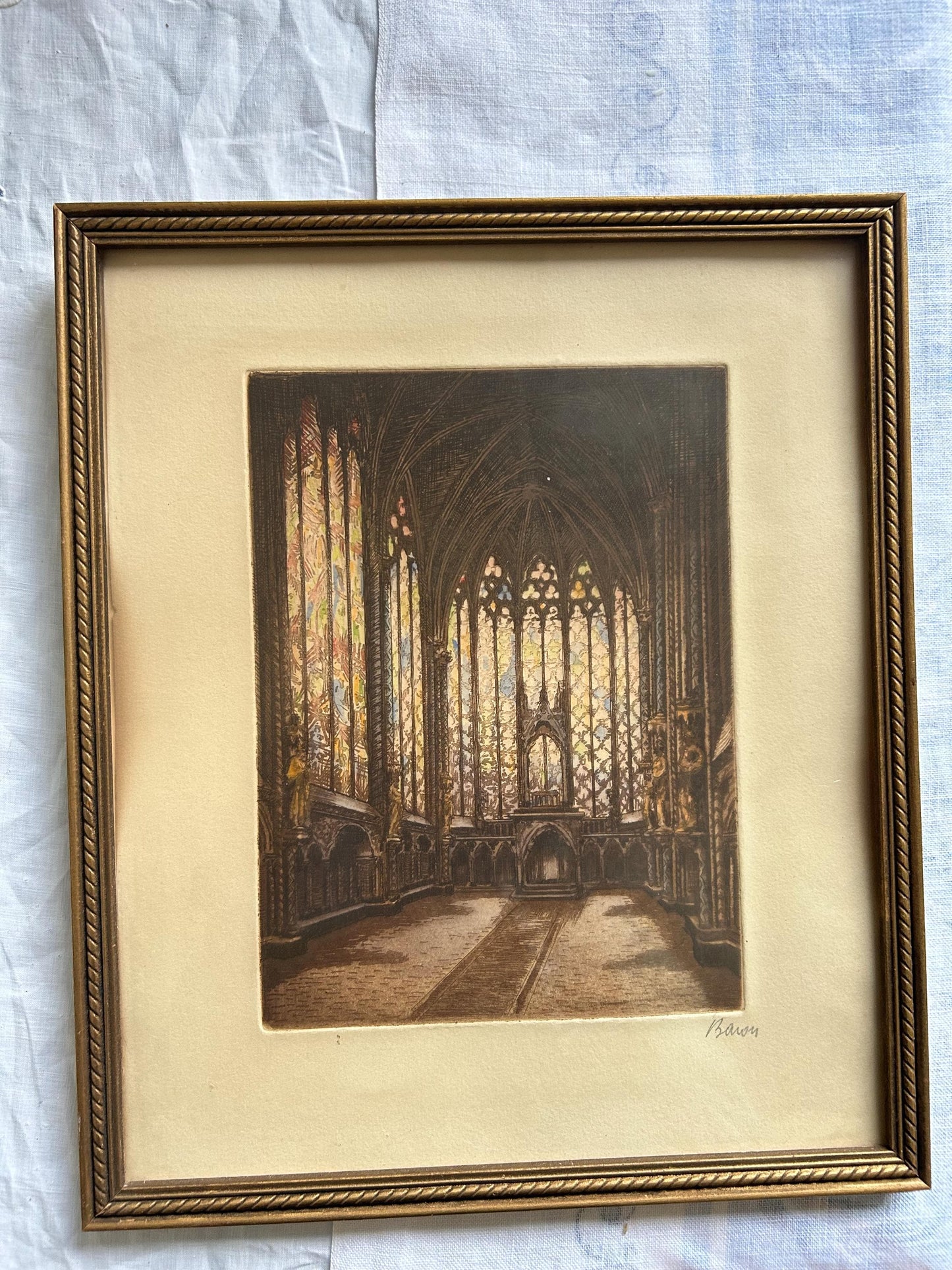 Marcel Julien Baron Signed Etching | French Gothic Cathedral Interior | Hand Colored Aquatint | Stained Glass | Framed