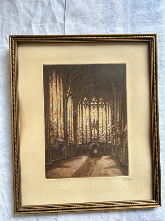 Marcel Julien Baron Signed Etching | French Gothic Cathedral Interior | Hand Colored Aquatint | Stained Glass | Framed