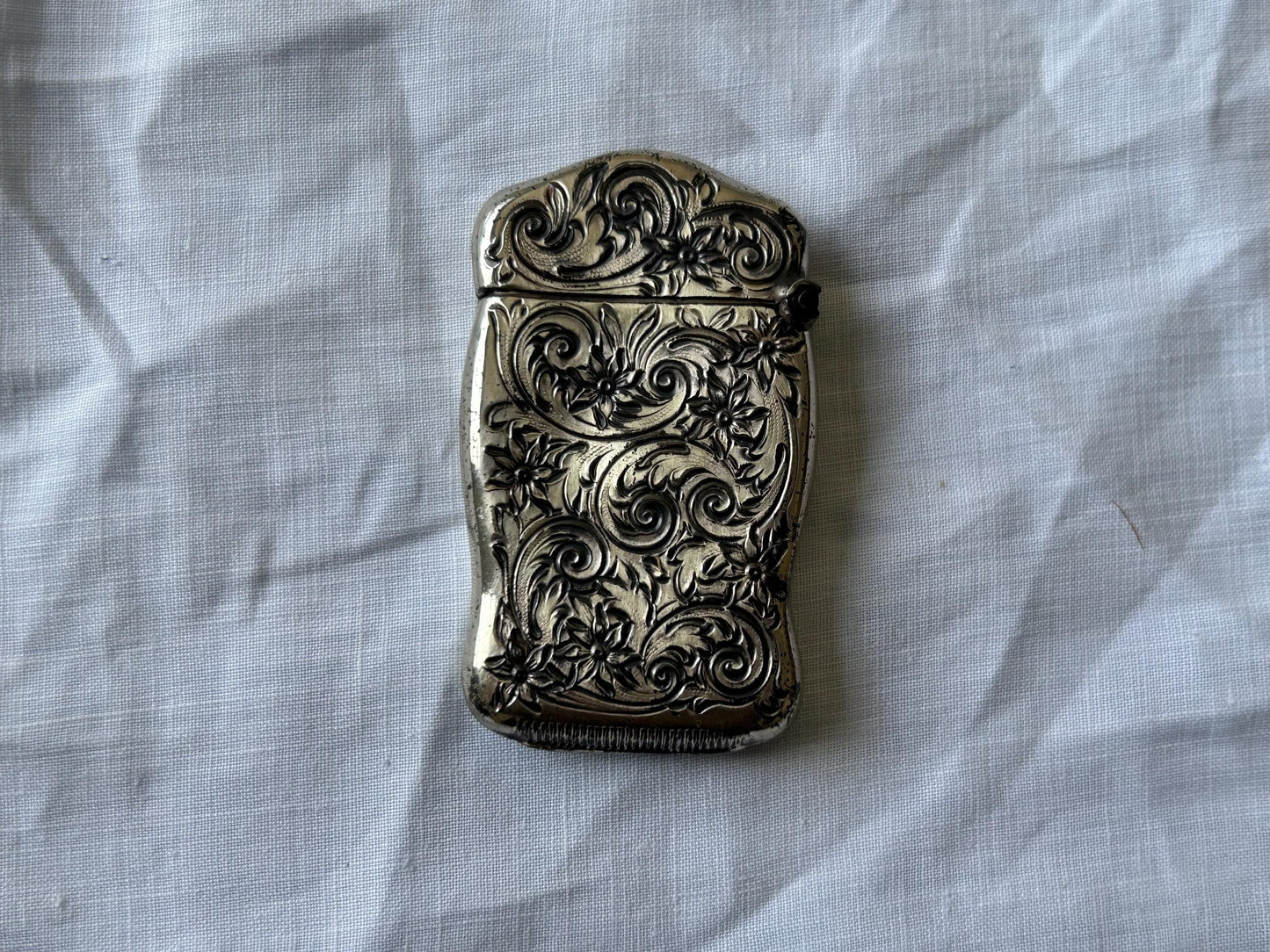 Antique Sterling Silver Match Safe | Victorian Repousse Floral Scroll | Chatelaine Bail | Striker Base | 2.4" No Monogram