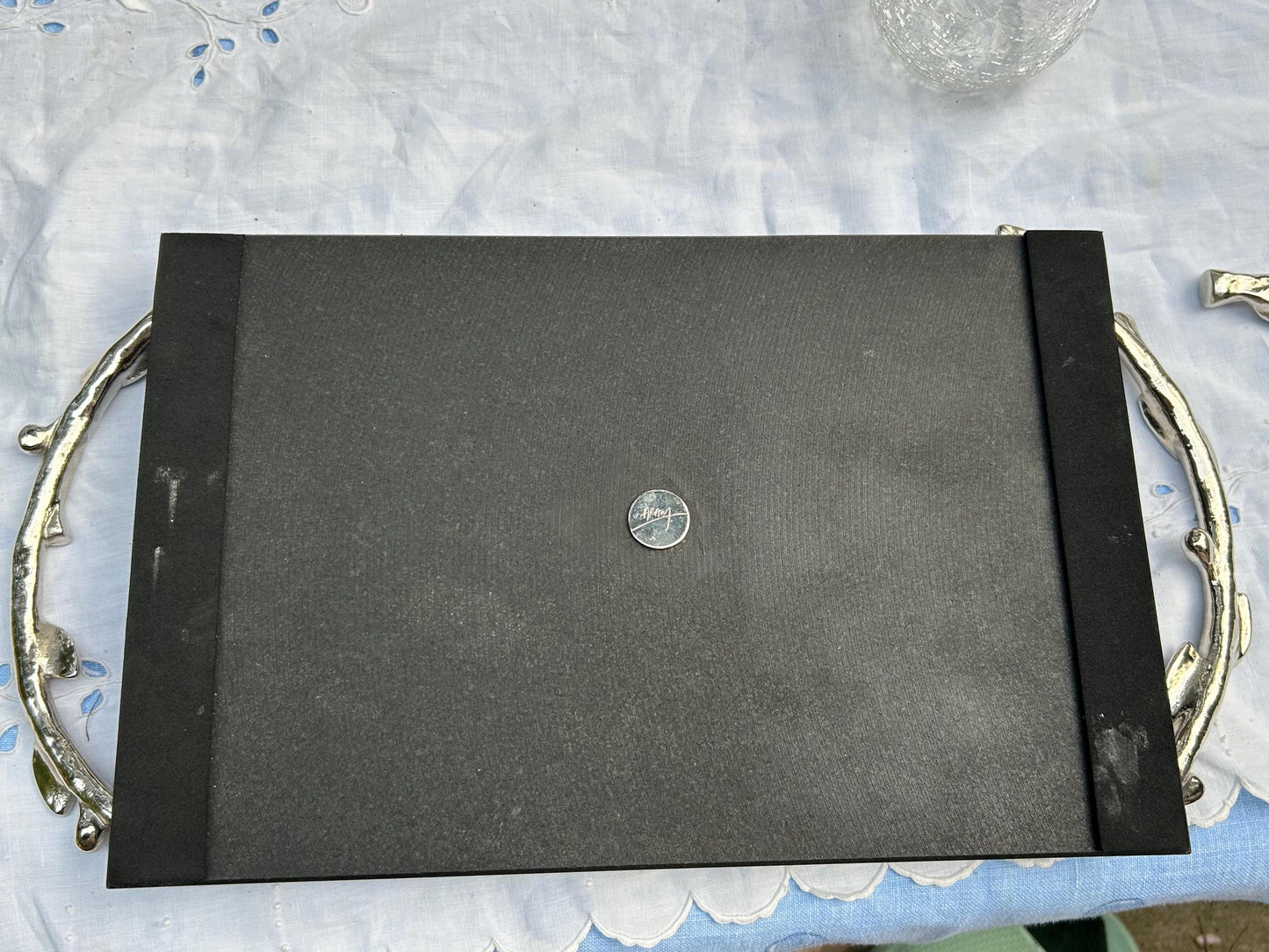 Michael Aram Black Orchid Cheese Board Set, Granite, Black Nickelplate, Knife, Crackle Bowl