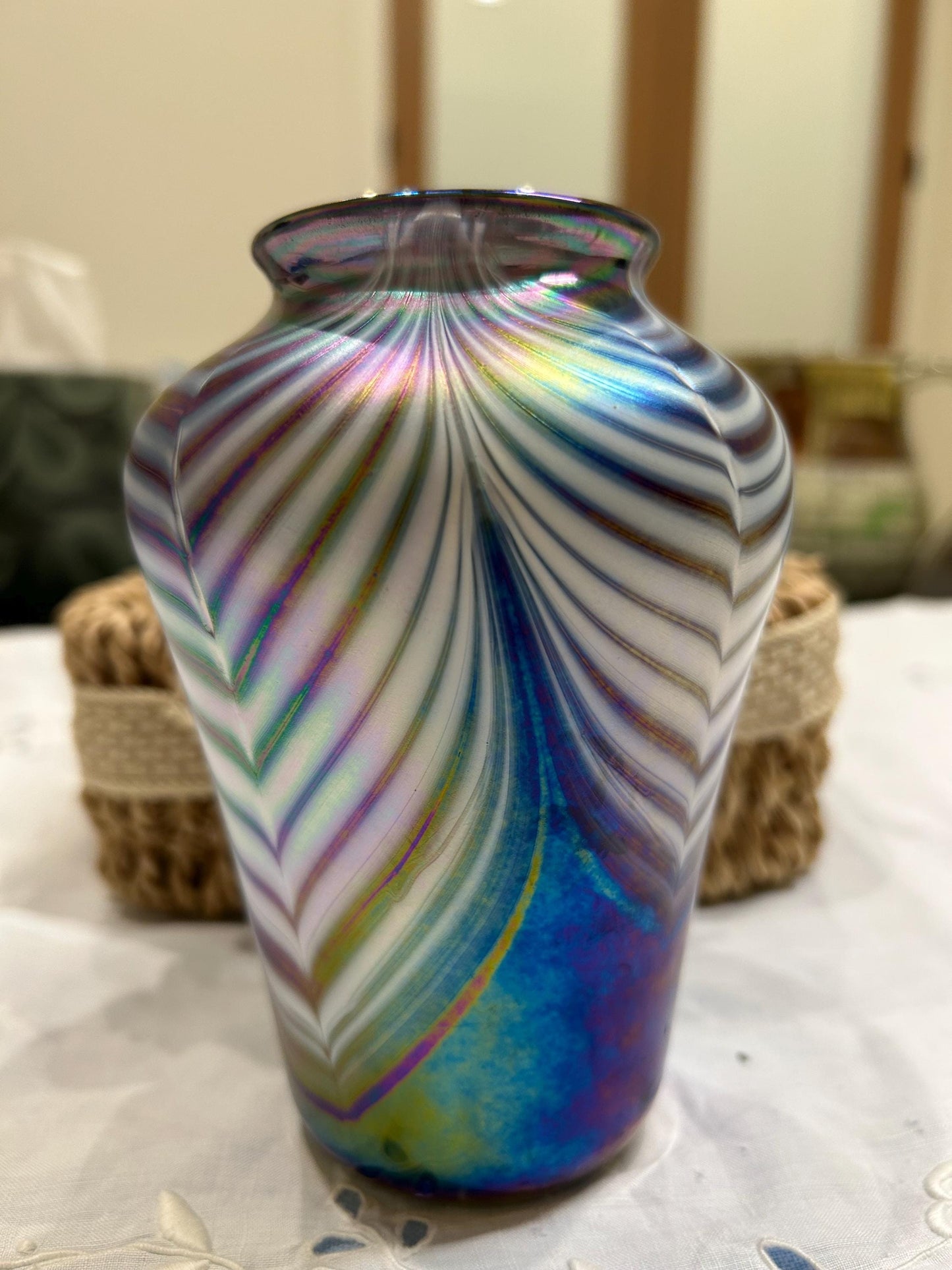 Signed Mt St Helens Ash Art Glass Vase - Iridescent Pulled Feather - Emerald City Seattle - 1980s Volcanic Ash Studio Glass - Memorial Vase