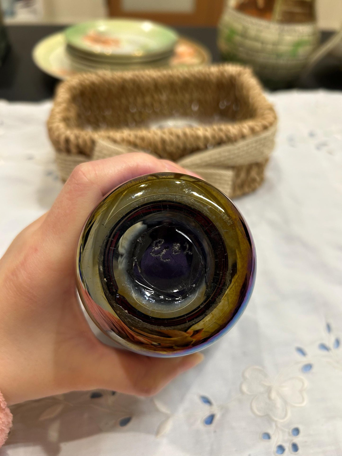 Signed Mt St Helens Ash Art Glass Vase - Iridescent Pulled Feather - Emerald City Seattle - 1980s Volcanic Ash Studio Glass - Memorial Vase