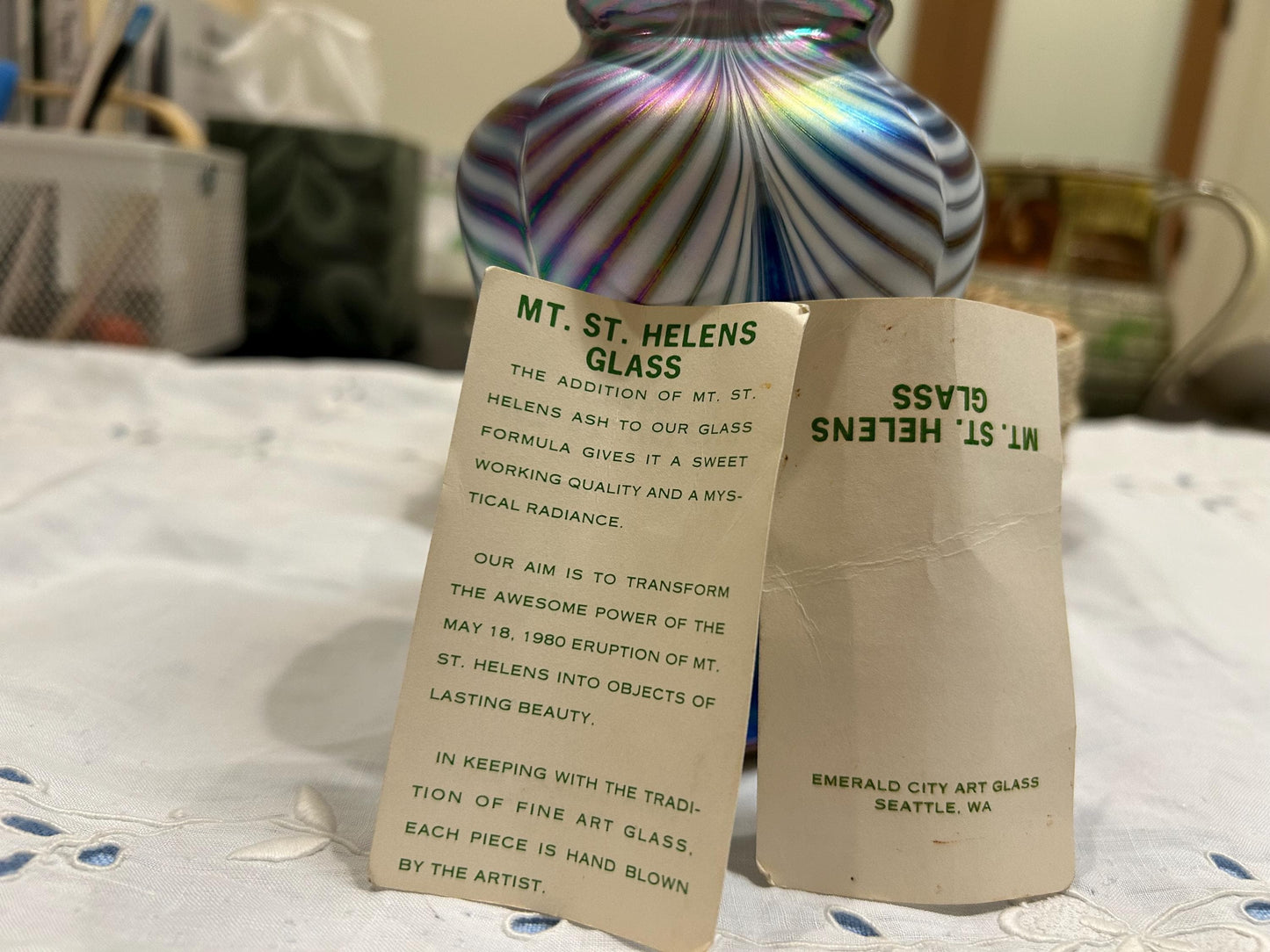 Signed Mt St Helens Ash Art Glass Vase - Iridescent Pulled Feather - Emerald City Seattle - 1980s Volcanic Ash Studio Glass - Memorial Vase