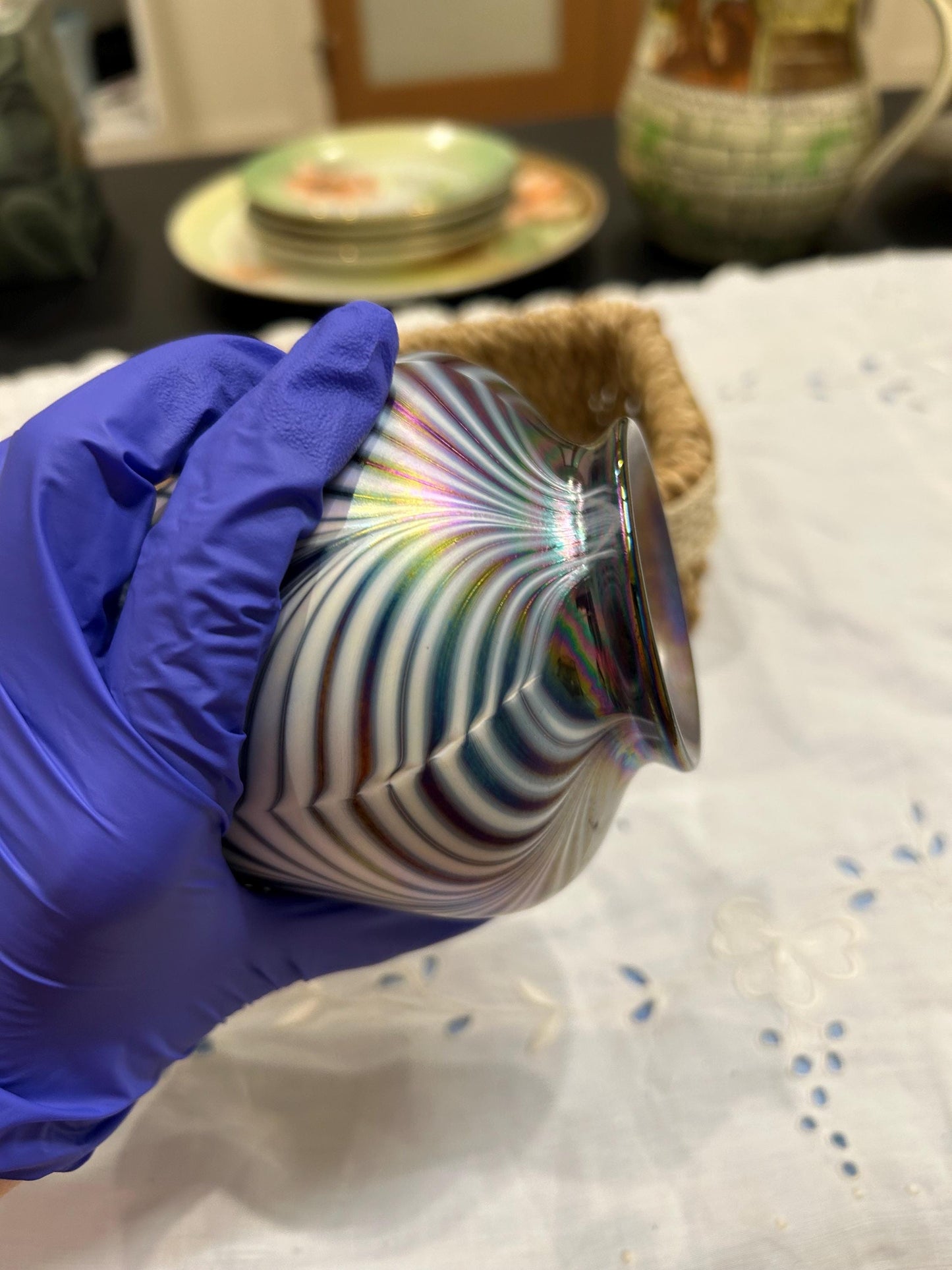 Signed Mt St Helens Ash Art Glass Vase - Iridescent Pulled Feather - Emerald City Seattle - 1980s Volcanic Ash Studio Glass - Memorial Vase