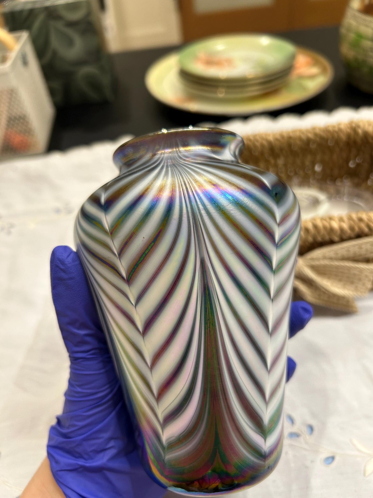 Signed Mt St Helens Ash Art Glass Vase - Iridescent Pulled Feather - Emerald City Seattle - 1980s Volcanic Ash Studio Glass - Memorial Vase