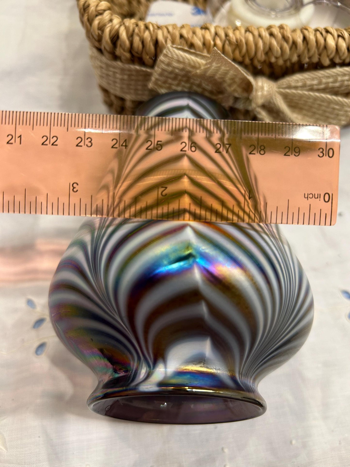 Signed Mt St Helens Ash Art Glass Vase - Iridescent Pulled Feather - Emerald City Seattle - 1980s Volcanic Ash Studio Glass - Memorial Vase